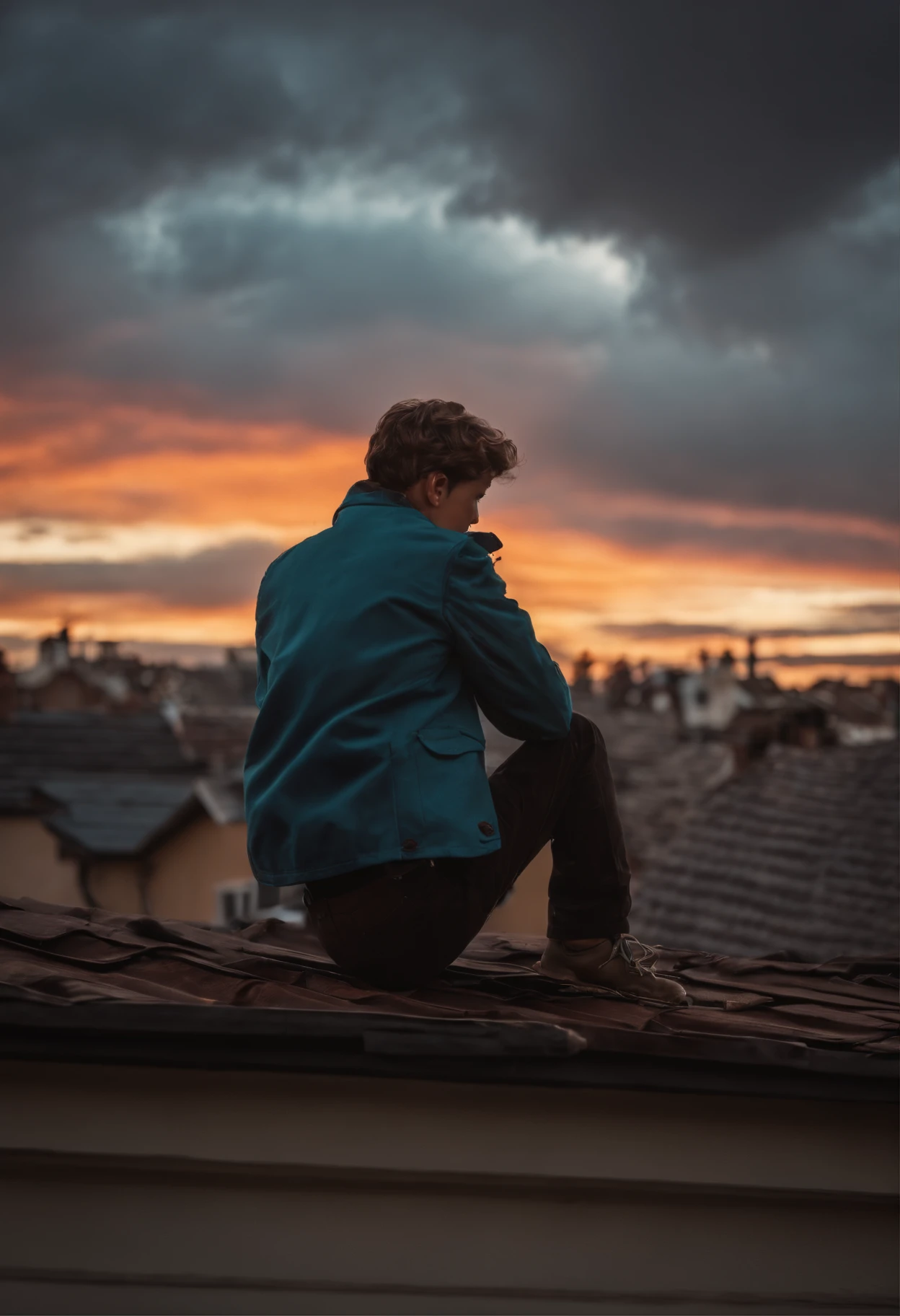 A boy was sitting on the roof of his house and he was watching his whole town. He was putting on his jacket and his name was written on the back of the jacket. There was a fire next to him. And the sky was filled with many clouds