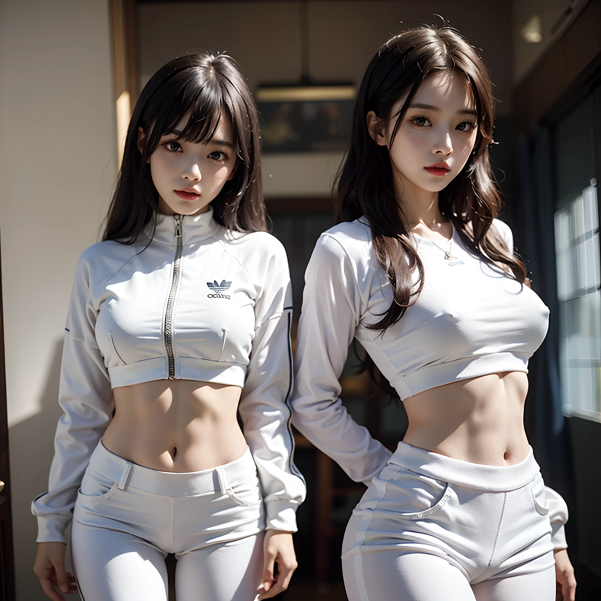 Two women standing side by side, Huang Yuxing(Huang Yuxing)and Aya Takano(Aya Takano), Two-piece tracksuit, All White, Two skinny figures, The same body, Cute Girls, Feminine slender body, White clothes, Gargle, White Adidas Pants, Jin Yiwei, thin-waist, Beautiful sci-fi - Pi Twins, 2 Angels, smooth white tight clothes suit, white outfit