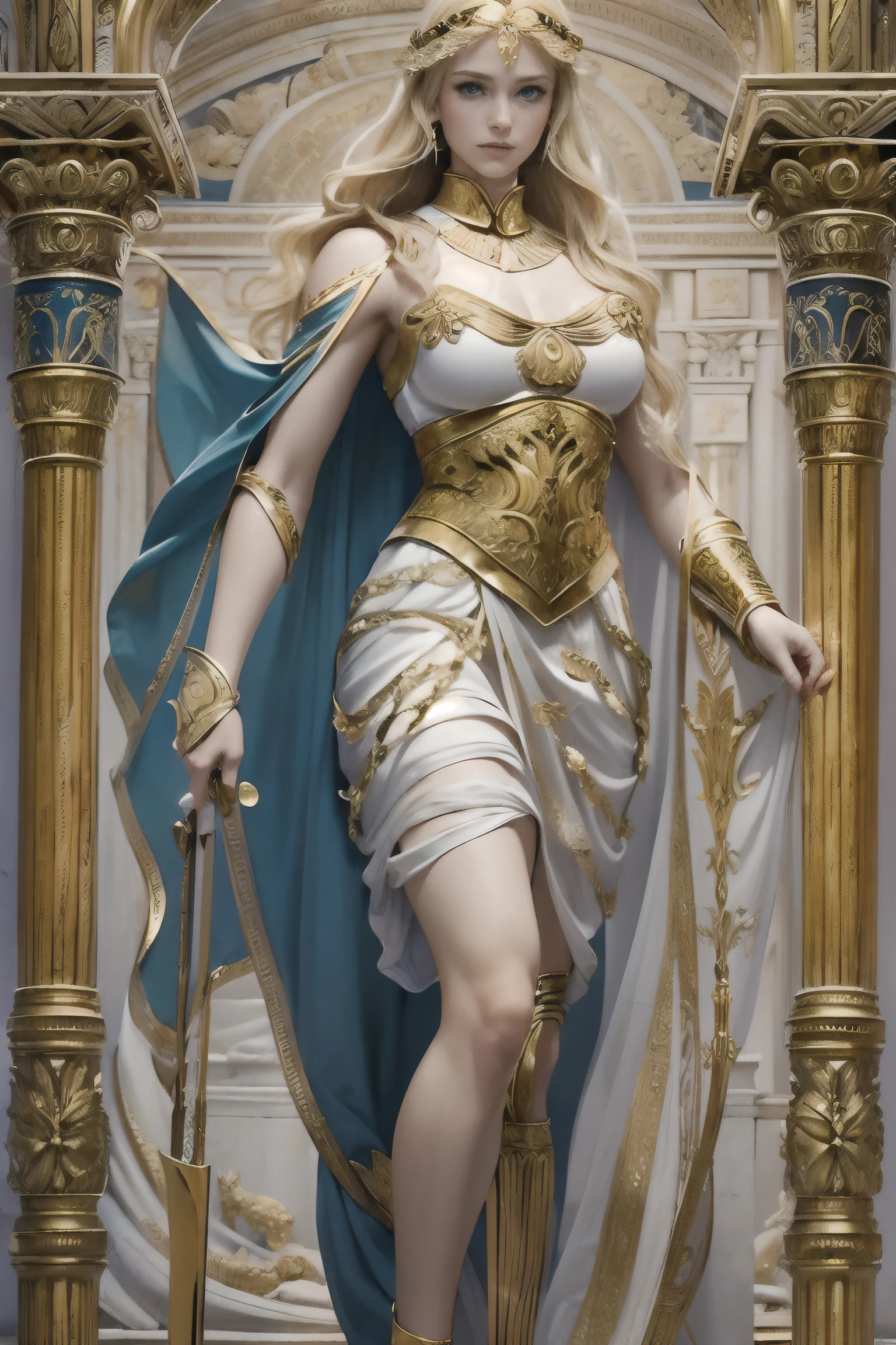 Masterpiece, Cinematic, Mythic fantasy, Hyper-Realism, ultra-quality, Super Detail, A young virgin greek goddess of wild nature and hunting, with (((Blonde hair))) and (((Blue eyes))), has amazingly and stunningly beautiful appearance, is fair-skinned, slender and tall, Shows off her perfect pair of long legs, wears {sleeveless, (Very short: 1.7), (white:1.5), Greek chitons, With golden border}, Abs, "Looks strict and determined", Holding a ((Golden bow)), archery, Patroling to protect her sanctuary from evil, Mythical Arcadian mountains and forests, Greek mythology, vibrant and lively atmosphere, ultra accurate description of hands, 8K, HDR