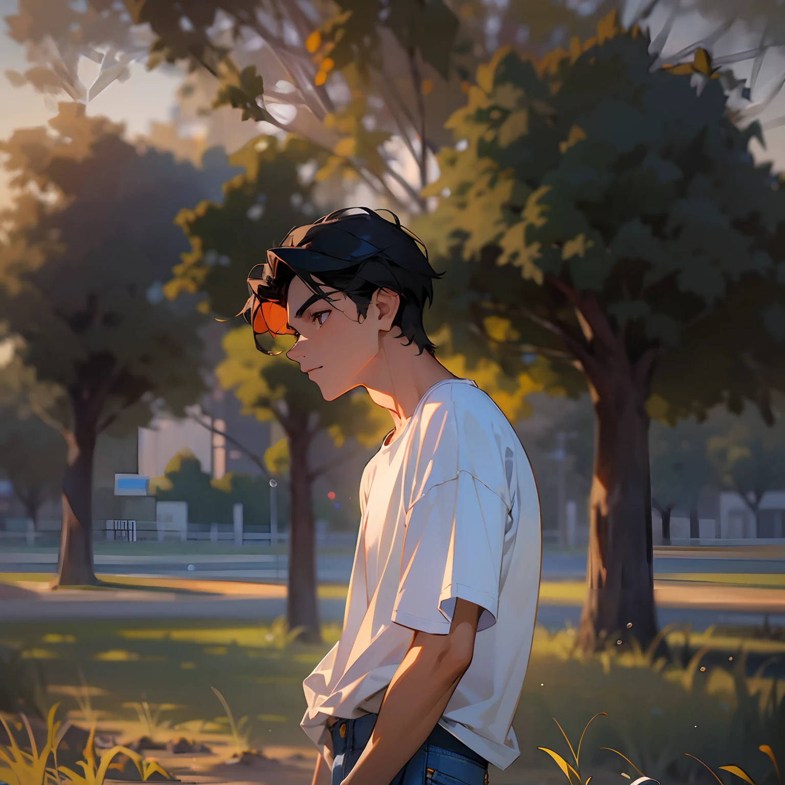 Boy with githar{ he's 20 years old with black hair, white skin and a normal hieght}. He's stand so confidence in corner of a park in the sunset. masterpiece shot. {perfect details and high quality}. He's iranian and {wearing a white over size t-shirt and blue jean pant} .