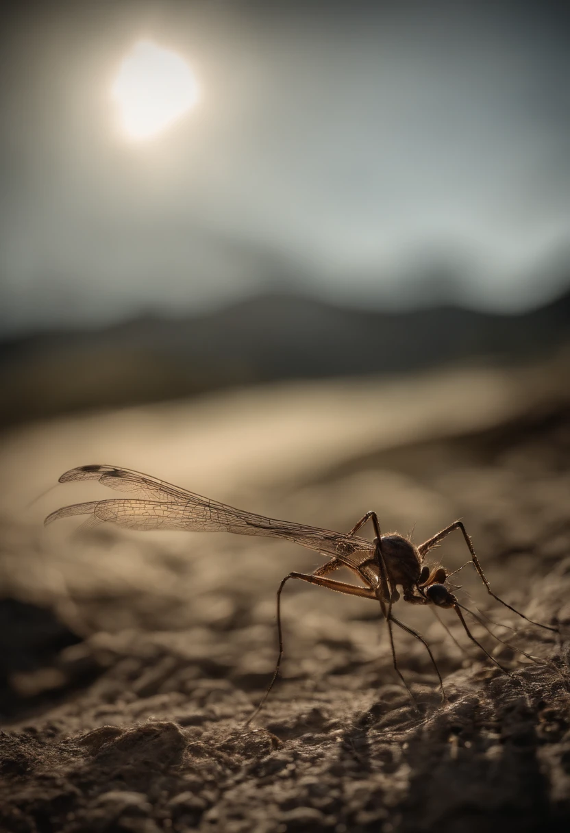 Develop a terrifying depiction of an ultra-realistic dengue mosquito, em 3D, pousado sobre um mapa do Brasil, in a pose that suggests it's feeding on blood from the map. The image should convey a feeling of menace and terror in the face of the danger of dengue in the country