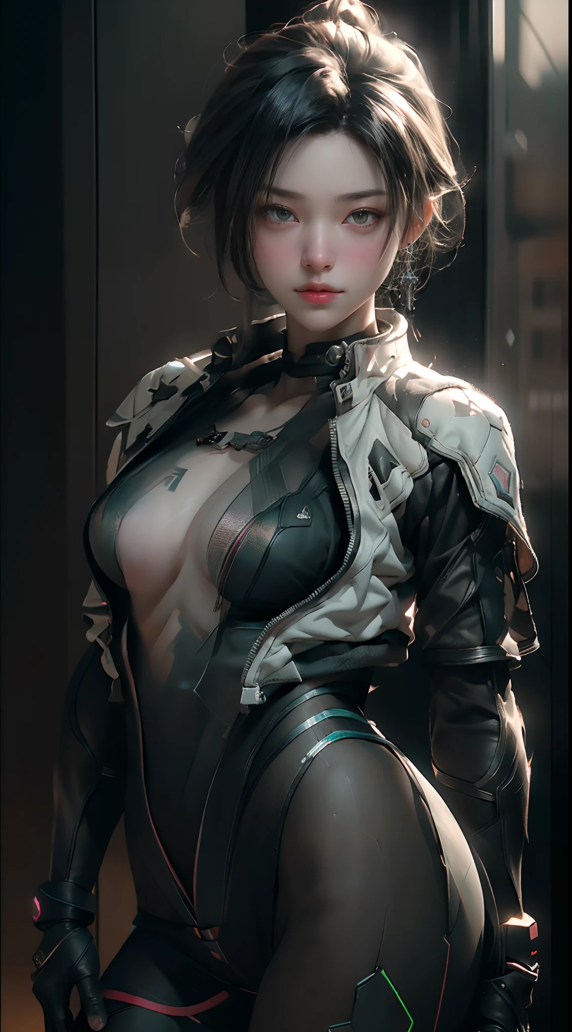 ((Best quality)), ((masterpiece)), (detailed:1.4), 3D, an image of a beautiful cyberpunk female,HDR (High Dynamic Range),Ray Tracing,NVIDIA RTX,Super-Resolution,Unreal 5,Subsurface scattering,PBR Texturing,Post-processing,Anisotropic Filtering,Depth-of-field,Maximum clarity and sharpness,Multi-layered textures,Albedo and Specular maps,Surface shading,Accurate simulation of light-material interaction,Perfect proportions,Octane Render,Two-tone lighting,Wide aperture,Low ISO,White balance,Rule of thirds,8K RAW,