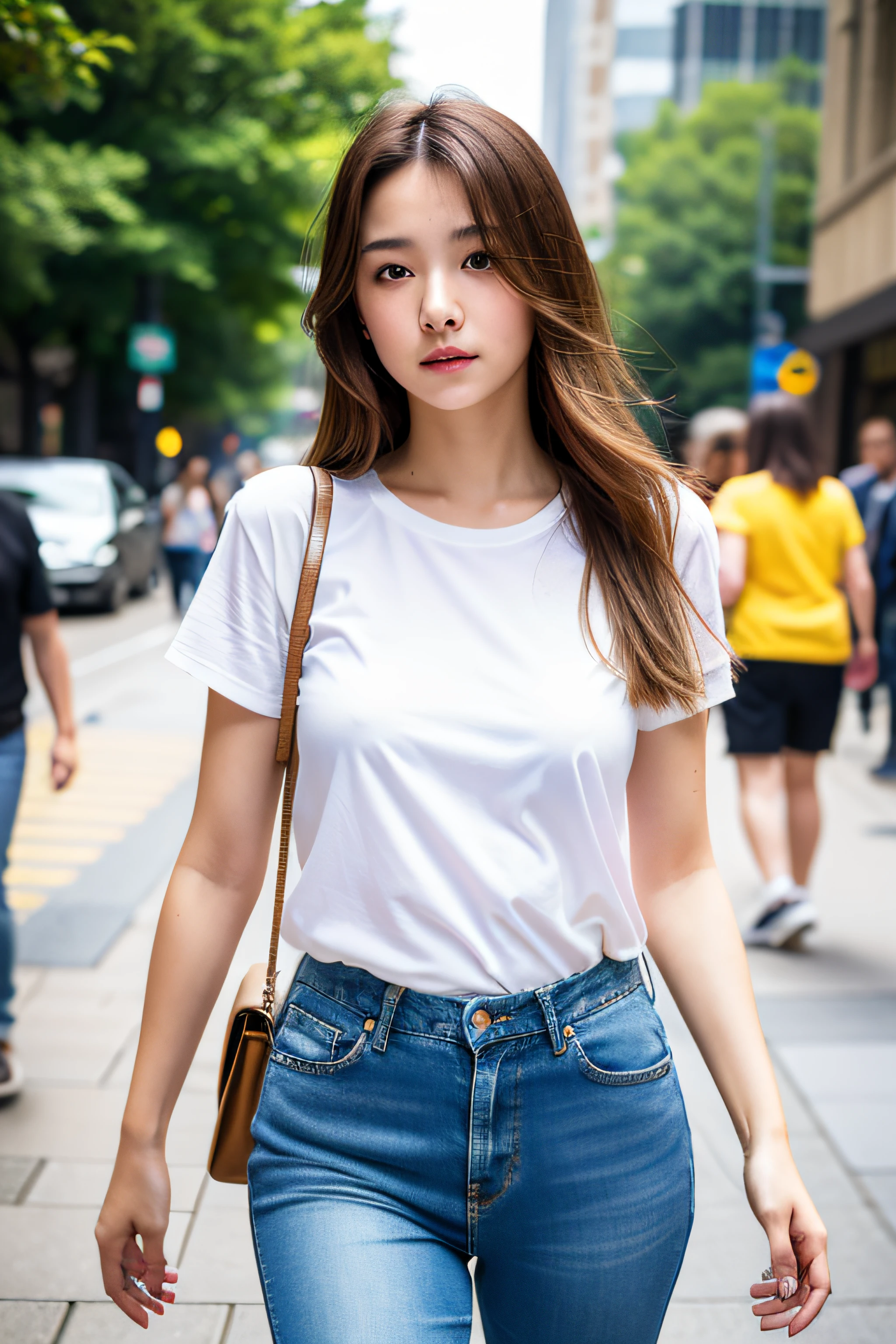 Sad theme , (best quality, masterpiece:1.2), 18yo beautiful girl walking in the city, white shirt and Jeans, , shoot the Sony a7,3.5 mm Lens, f 1.8 apature, lighting glow effect,no retouching,raw photo realistic, skin texture is very detail ,no makeup, background lighting is yellow, raining day,