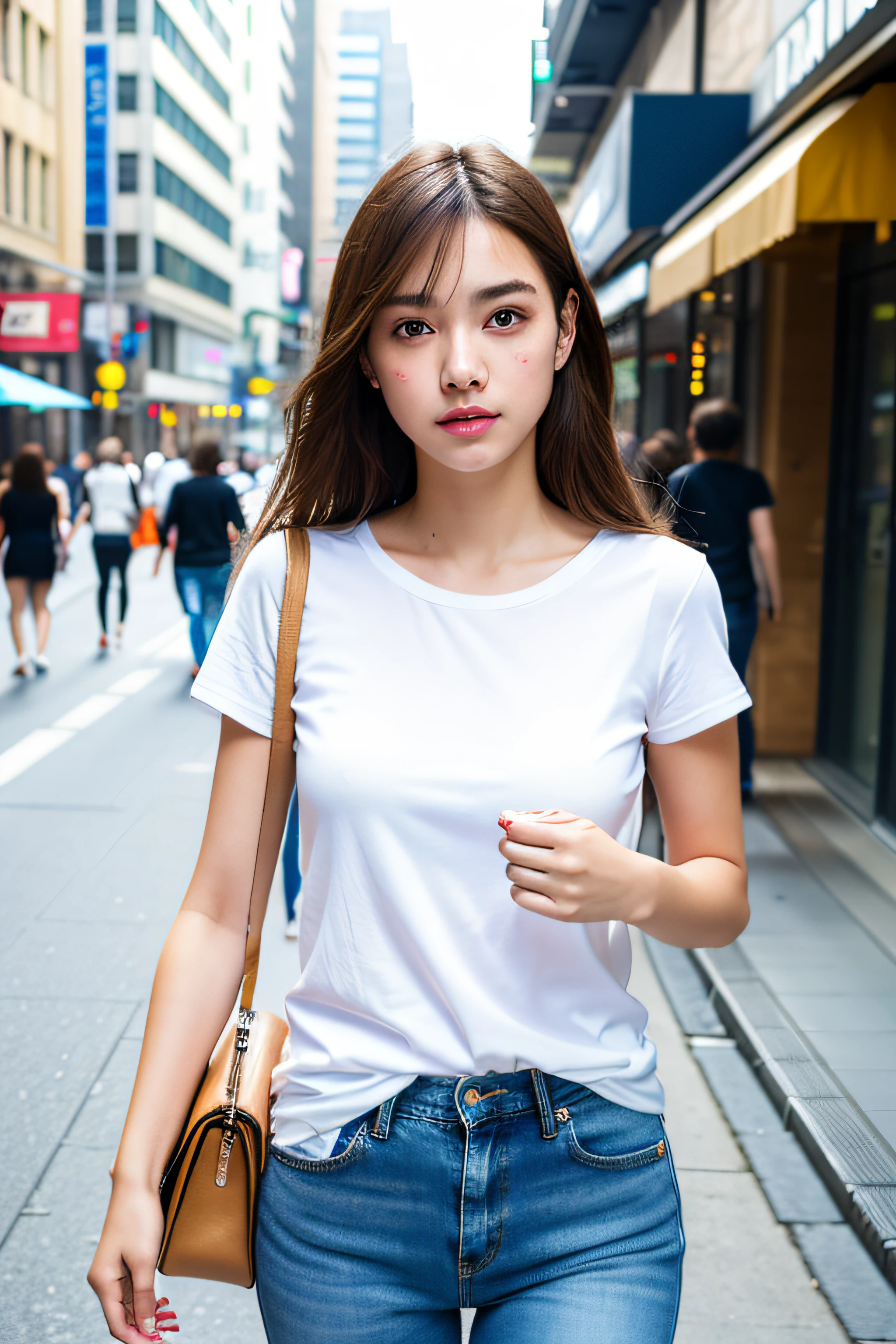 Sad theme , (best quality, masterpiece:1.2), 18yo beautiful  girl walking in the city, white shirt and Jeans, , shoot the Sony a7,3.5 mm Lens, f 1.8 apature, lighting glow effect,no retouching,raw photo realistic, skin texture is very detail ,no makeup, background lighting is yellow, raining day,