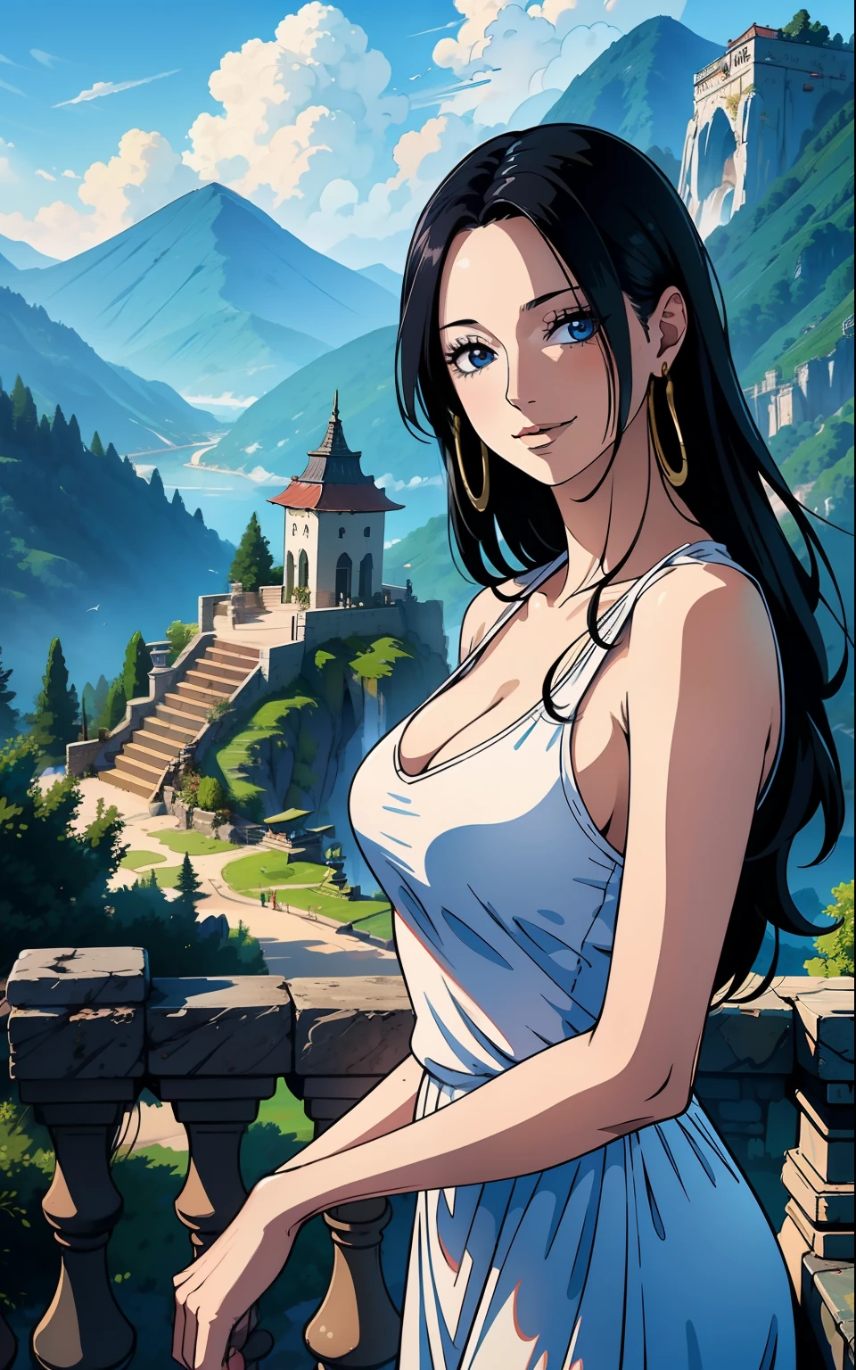 (highres:1.2),smiling woman on a staircase,facing the camera,mountain backdrop,birds chirping,staircase details,soft lighting,photorealistic,painted nails,flowing hair,natural makeup,calm expression,faint smoke ascending,vibrant colors,vivid blue sky,serene atmosphere