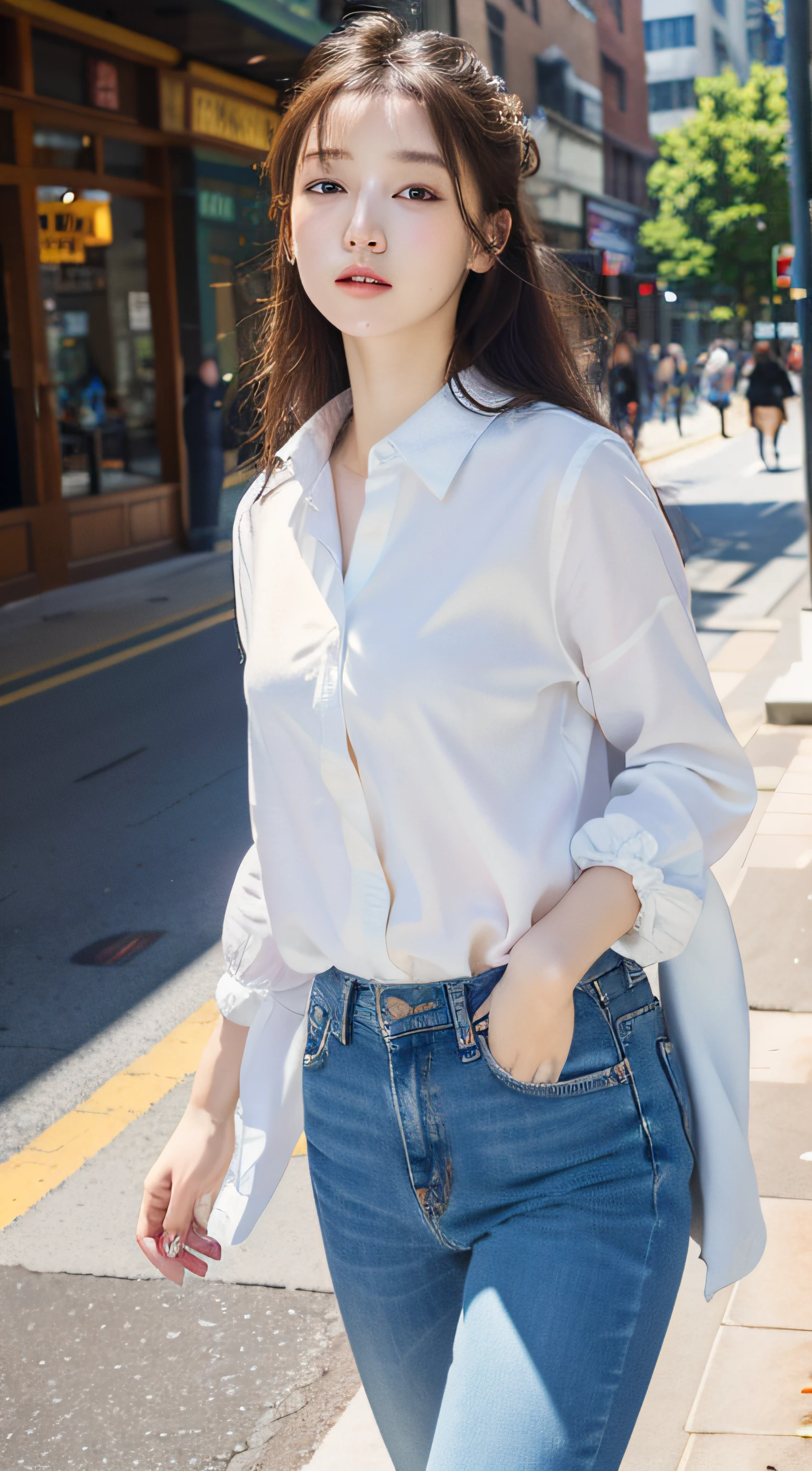 Sad theme , (best quality, masterpiece:1.2), 18yo beautiful  girl walking in the city, white shirt and Jeans, , shoot the Sony a7,3.5 mm Lens, f 1.8 apature, lighting glow effect,no retouching,raw photo realistic, skin texture is very detail ,no makeup, background lighting is yellow, raining day,