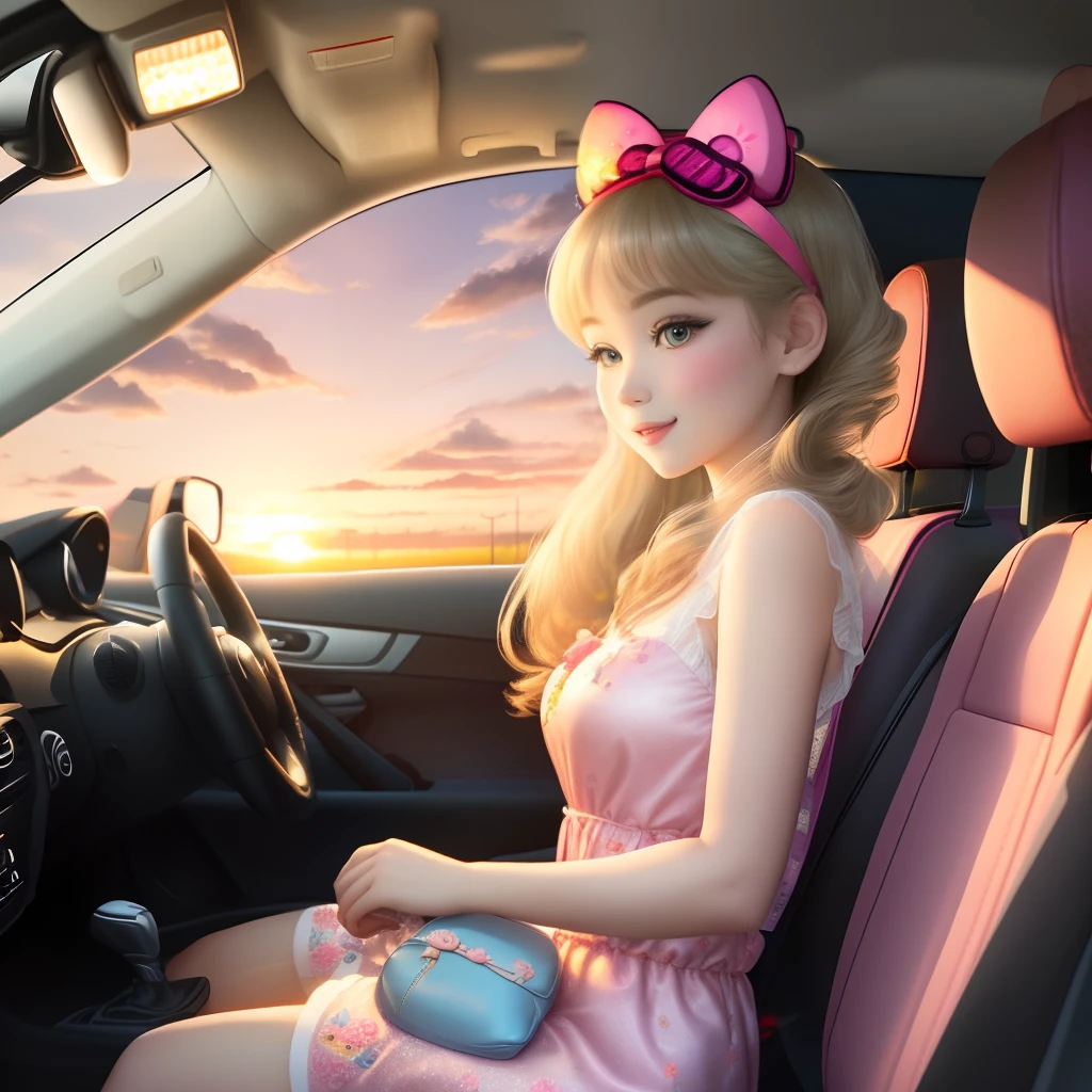 hello kitty with glittery dress flowers and a sunset and a pink bag and hello kitty driving
