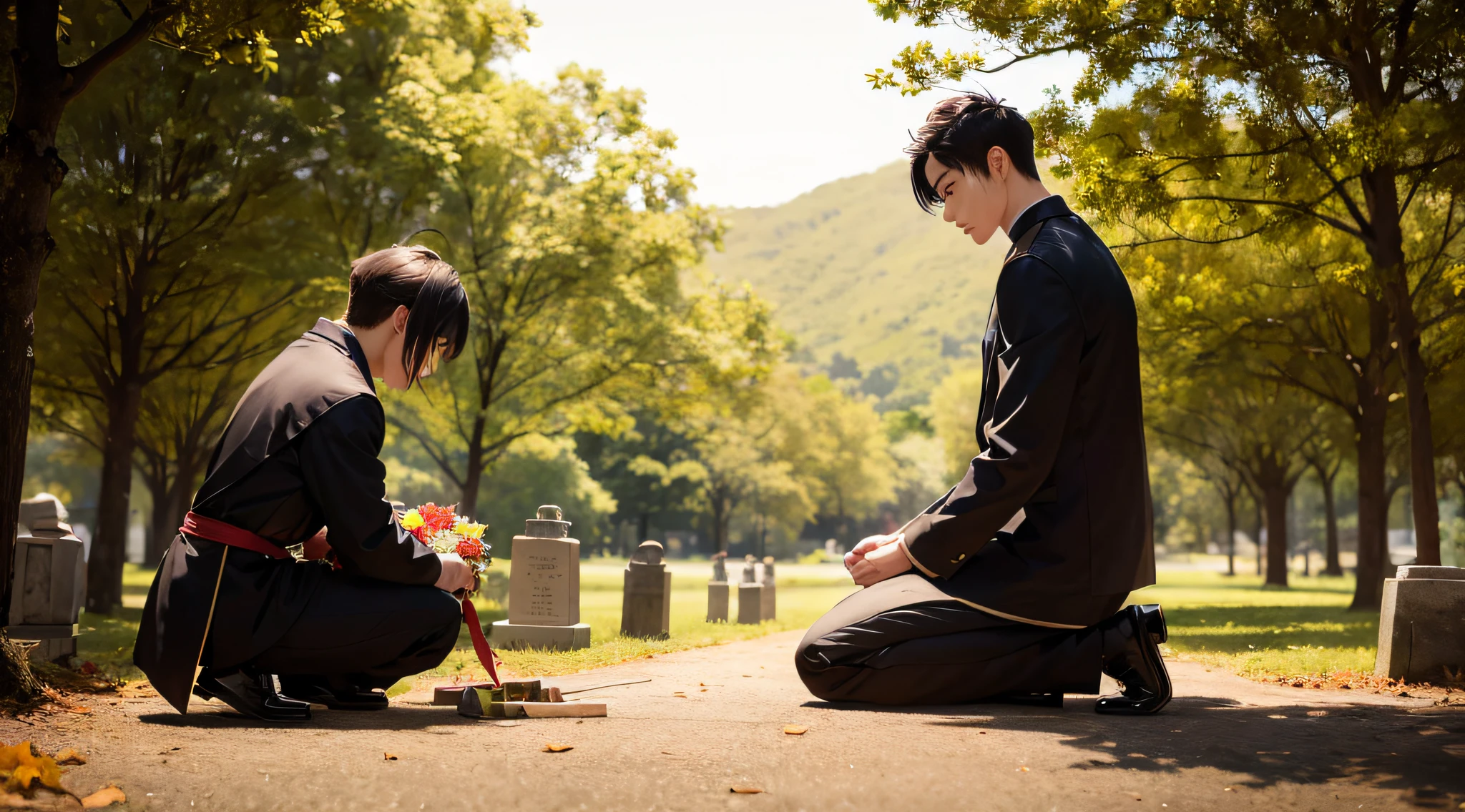 1【scene】At Su Xiu's funeral,The male protagonist kneels in front of the tombstone,Eyes full of pain and grief。
【人物】The shot of the male protagonist with his back to the viewer,His back looked lonely in the dim light。
【sideshot】Sin embargo,I was faced with a heartbreaking scene,Su Xiu has passed away。
【expressioness】The hero cries out in pain,Holding Su Xiu's tombstone in his hand。
Shot eight: --auto