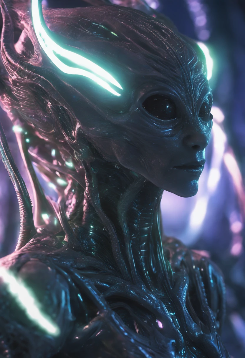 sexy alien girl, green eyes, medium large breast, a translucent ethereal alien with delicate features in a sci-fi setting, glowing from within, sparks and lights, moonlight, moon, close-up, realistic, highly detailed, intricate
