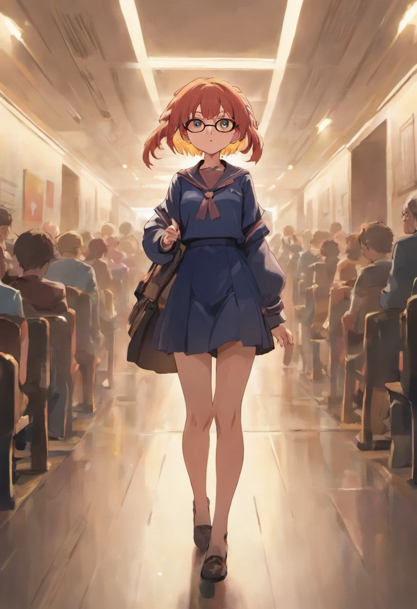 school hallway、With her left hand on her hip、Class president pointing to the audience with his right hand。Expressions of condemnation、Girl in glasses looking at us from behind