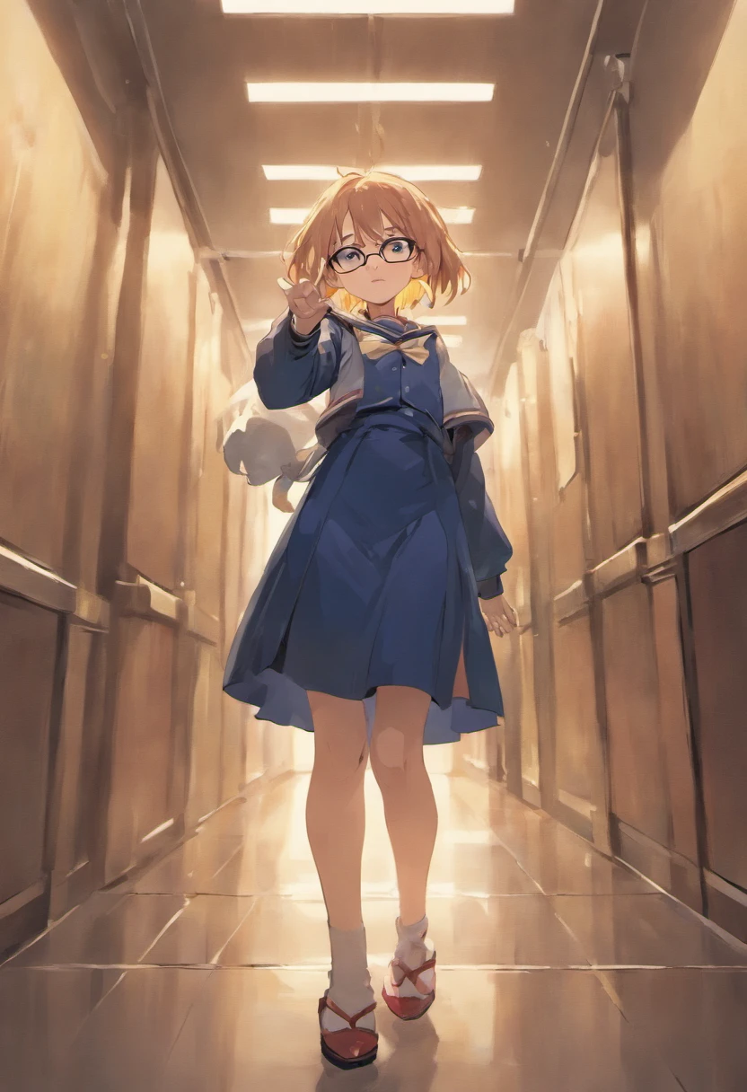 school hallway、With her left hand on her hip、Class president pointing to the audience with his right hand。Expressions of condemnation、Girl in glasses looking at us from behind