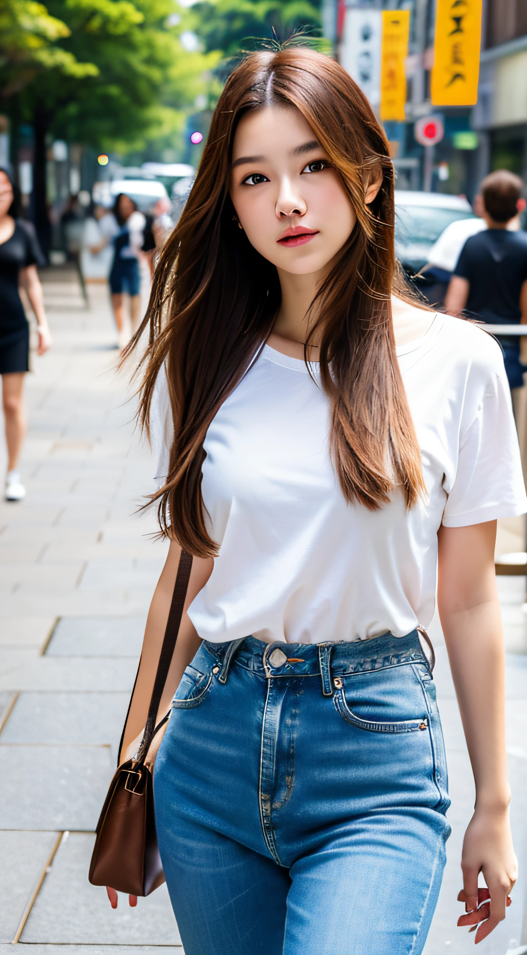 Sad theme , (best quality, masterpiece:1.2), 18yo beautiful girl walking in the city, white shirt and Jeans, , shoot the Sony a7,3.5 mm Lens, f 1.8 apature, lighting glow effect,no retouching,raw photo realistic, skin texture is very detail ,no makeup, background lighting is yellow, raining day,