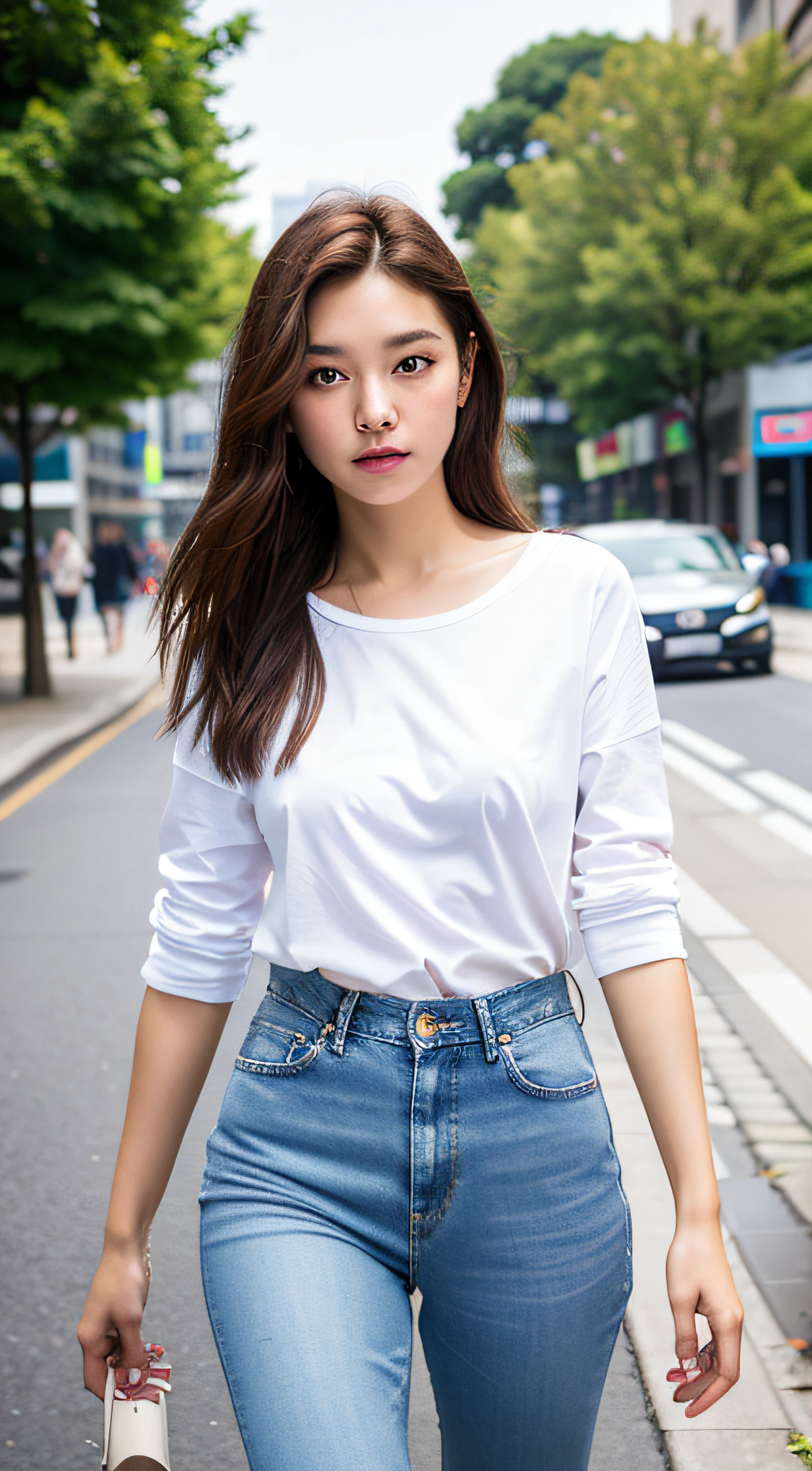 Masterpiece, High quality, High resolution, Create a high-quality, realistic portrait of a skinny 30s Japanese woman who is shrugging her shoulders in an embarrassed manner. She should have a slight blush on her cheeks, with a shy and hesitant expression on her face. Her shoulders are slightly raised, and her body language conveys a sense of shyness and modesty. She has brunette hair, and is wearing a simple, sexy outfit. The background should be thw crowd, creating a sense of a busy public space, emphasizing her expression and pose.