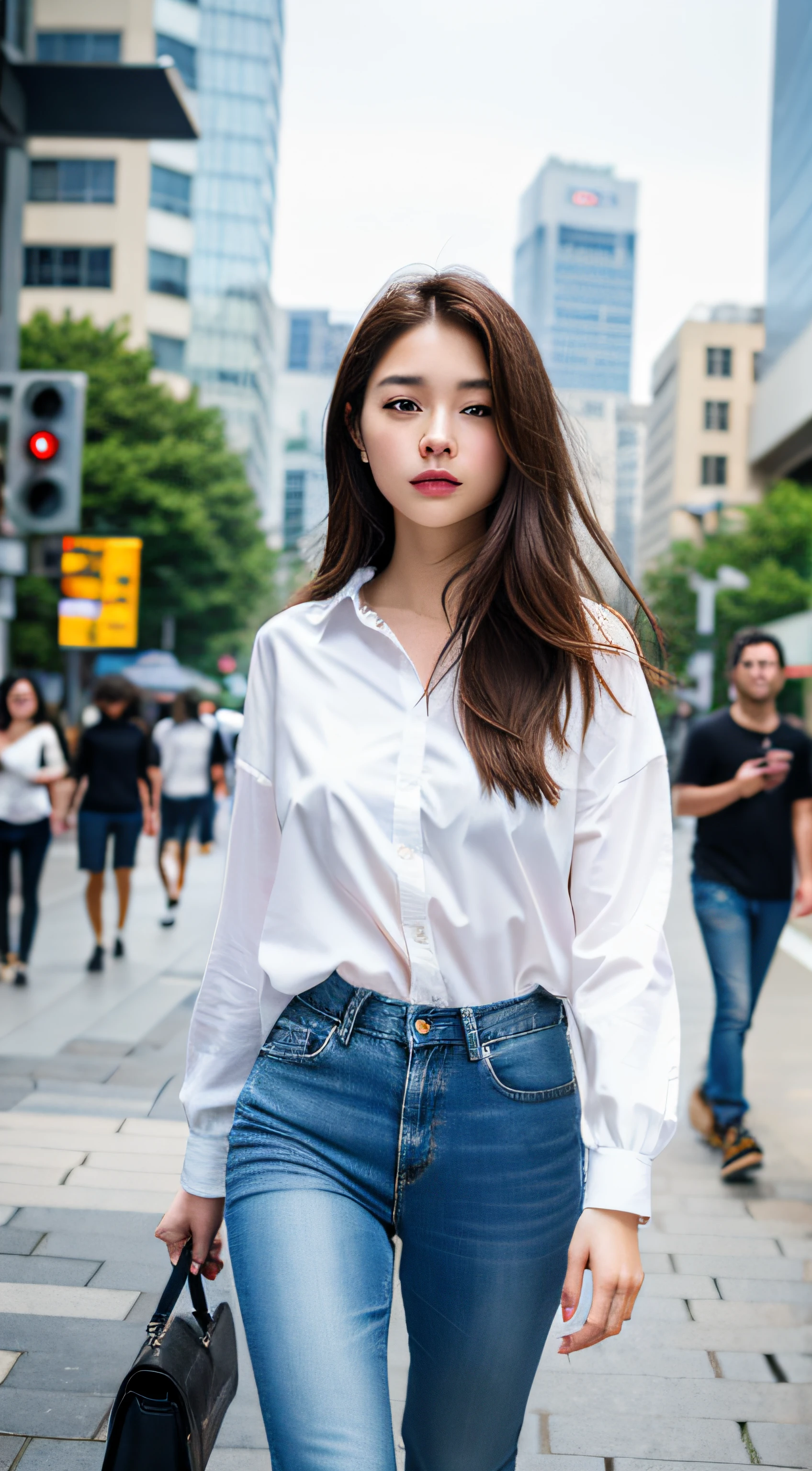 Sad theme , (best quality, masterpiece:1.2), 18yo beautiful  girl walking in the city, white shirt and Jeans, , shoot the Sony a7,3.5 mm Lens, f 1.8 apature, lighting glow effect,no retouching,raw photo realistic, skin texture is very detail ,no makeup, background lighting is yellow, raining day,