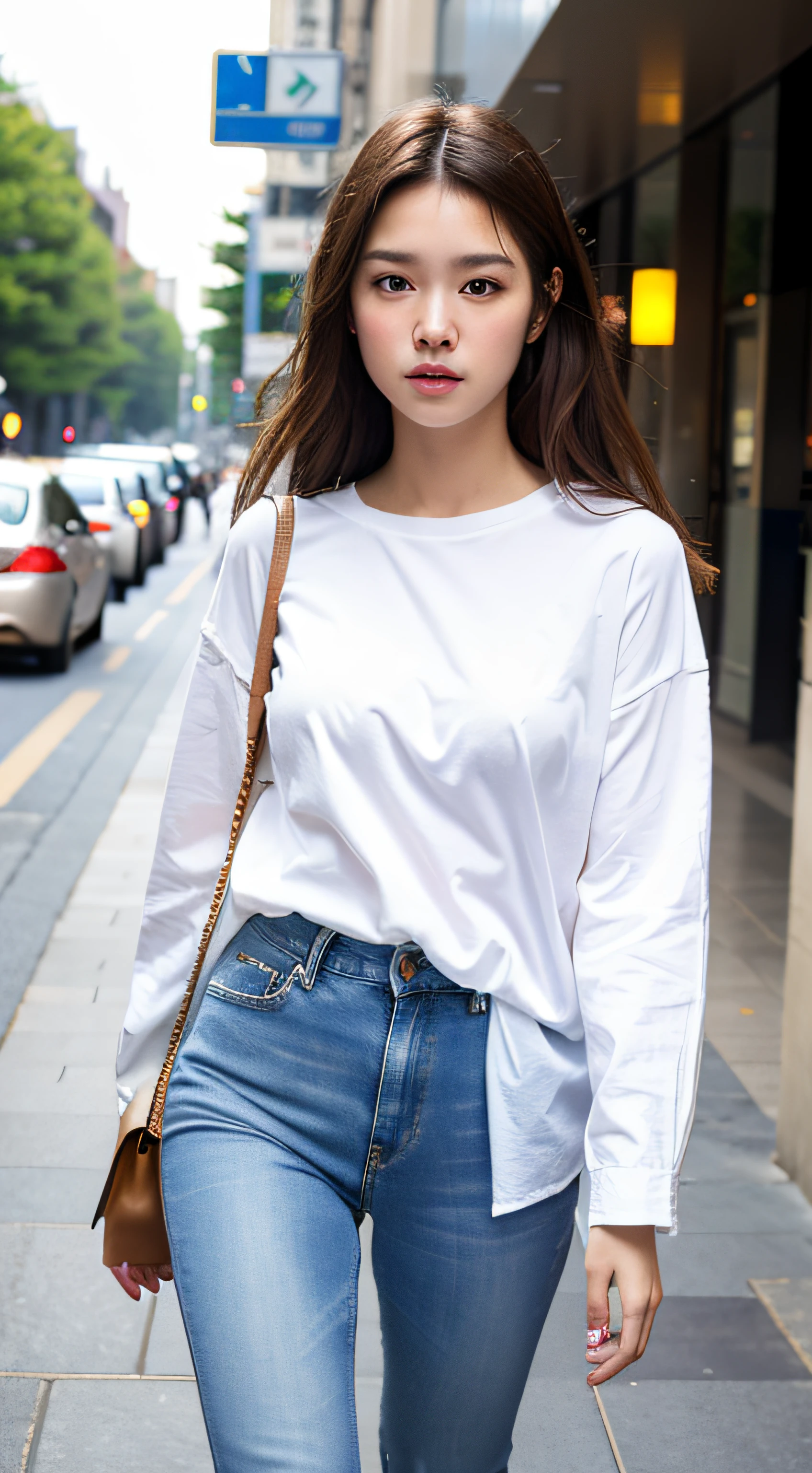 Sad theme , (best quality, masterpiece:1.2), 18yo beautiful  girl walking in the city, white shirt and Jeans, , shoot the Sony a7,3.5 mm Lens, f 1.8 apature, lighting glow effect,no retouching,raw photo realistic, skin texture is very detail ,no makeup, background lighting is yellow, raining day,