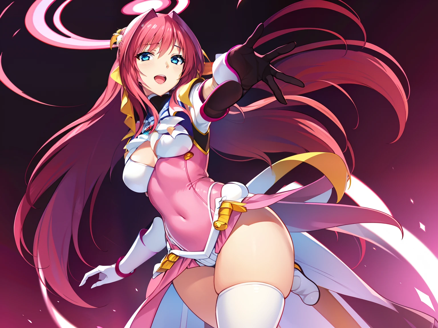 (hyper extreme detailed),(masterpeace),(hyper extreme),(photorealistic),CG,(colour:1.2), beautiful lighting,light from the front, solo,smlie,   Escalayer,pink hair,long hair,hair_ornament,blue eyes,pink dress,white long glove,thigh_boots,