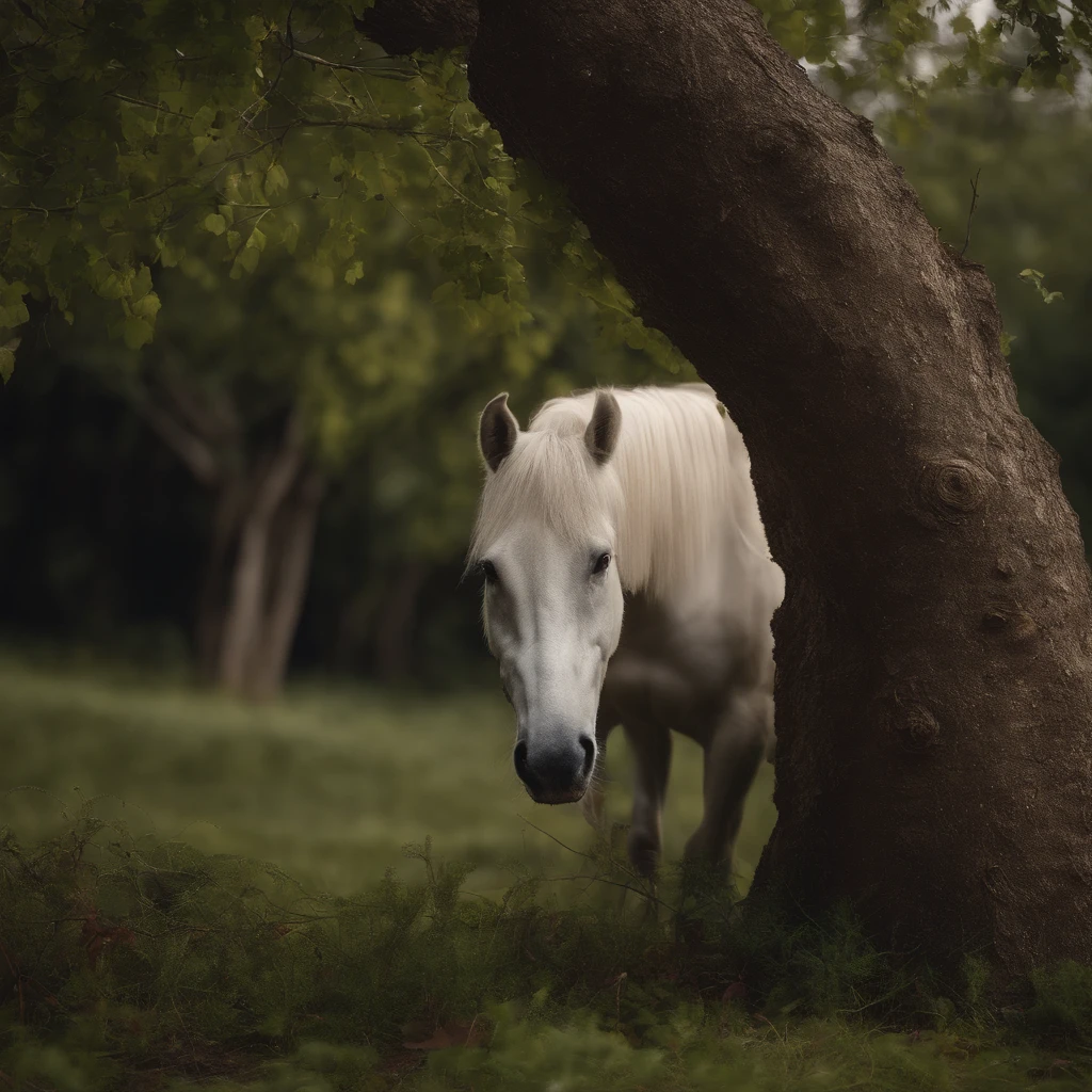 On the ground of coins, a tree grows, entangled by vines, with a deep color tone. A white horse stands in front of the tree. (best quality,4k,8k,highres,masterpiece:1.2),ultra-detailed,realistic, HDR, studio lighting, vivid colors, sharp focus,physically-based rendering, portraits