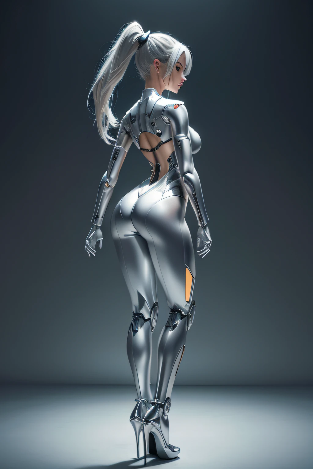 Bunny Girl Robot The whole body is a machine machine legs Feet shaped like high heels The head remains human Compositions in motion, Ponytail, Silver hair, Wide Shot, nffsw, retinas, masutepiece, ccurate, Anatomically correct, Textured skin, Super Detail, high details, High quality, awardwinning, Best Quality, hight resolution
