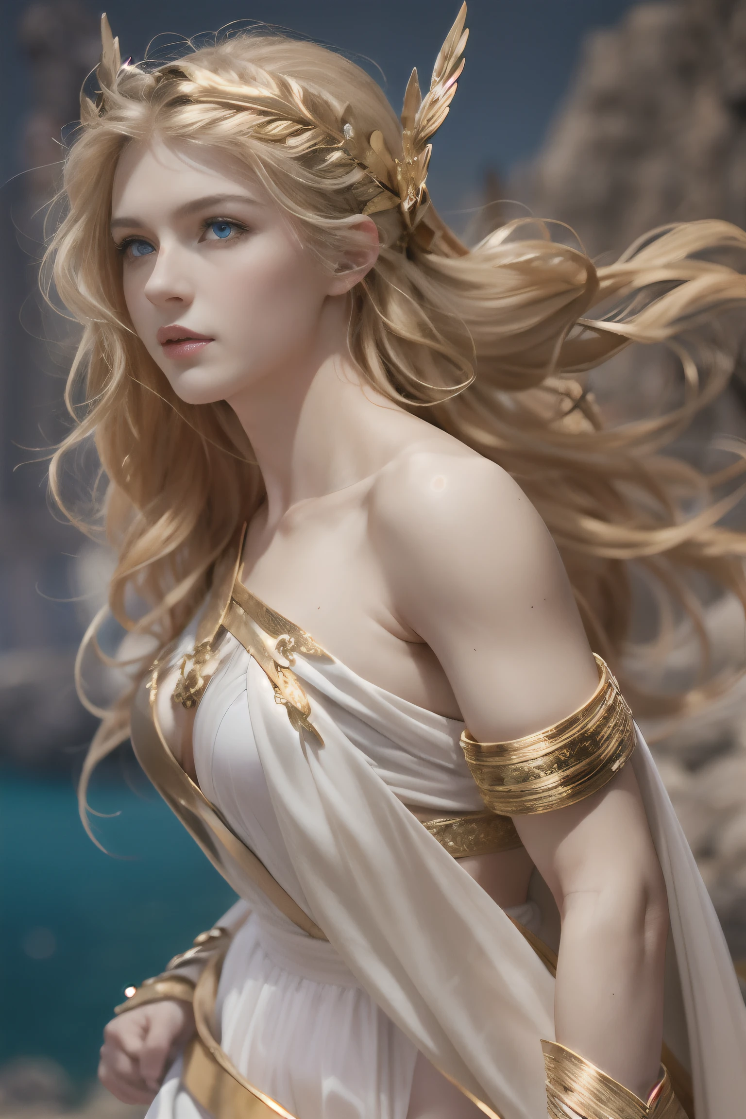 Masterpiece, Cinematic, Mythic fantasy, Hyper-Realism, ultra-quality, Super Detail, A young virgin greek goddess of wild nature and hunting, with (((Blonde hair))) and (((Blue eyes))), has amazingly and stunningly beautiful appearance, is fair-skinned, slender and tall, Shows off her perfect pair of long legs, wears {sleeveless, (Very short: 1.7), (white:1.5), Greek chitons, With golden border}, Abs, "Looks strict and determined", Holding a ((Golden bow)), archery, Patroling to protect her sanctuary from evil, Mythical Arcadian mountains and forests, Greek mythology, vibrant and lively atmosphere, ultra accurate description of hands, 8K, HDR