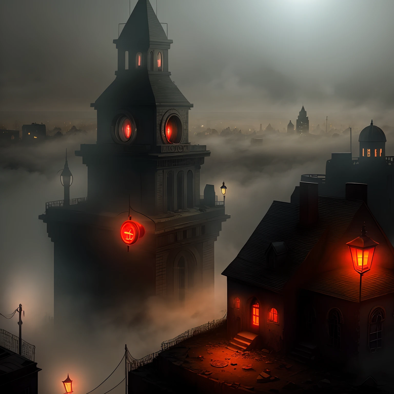 realistic abandoned city at night with fog with all seeing eye and red fez hat