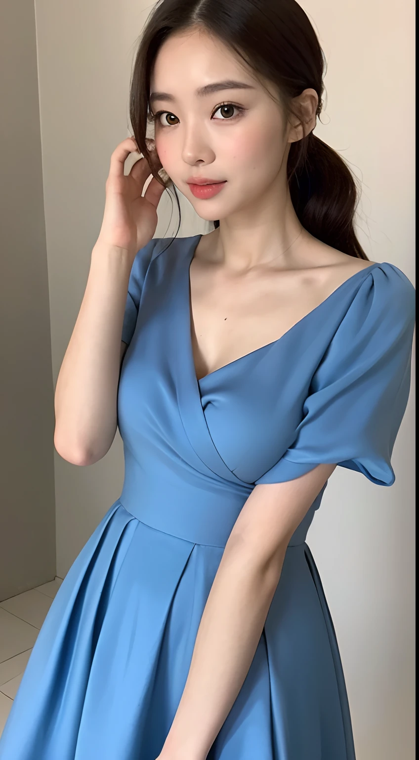 ((Best picture quality, 8K, tmasterpiece:1.3)), 1girll, Beautiful woman with slender abs:1.3, (Casual hairstyle, No leakage of big breasts:1.1), V-neck dress:1.1, Silk dress，Ultra-fine face, A detailed eye, 二重まぶた，ssmile，Home，adolable，parted lip，japanaese girl，a baby face