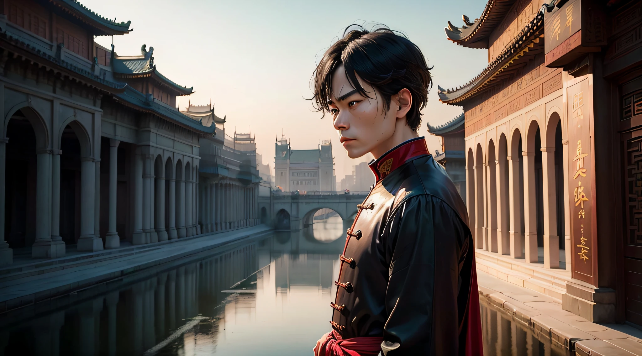 【scene】The male protagonist is in front of the palace，tearfully exposed Su Xue's conspiracy。
【人物】The male protagonist stands on the right and looks to the left，The spectacular backdrop of the Royal Palace highlights his solitary figure。
【sideshot】I was indignant and exposed Su Xue's conspiracy。
【expressioness】The actor's face is pale，Sad and indignant eyes glared at the palace。 --auto