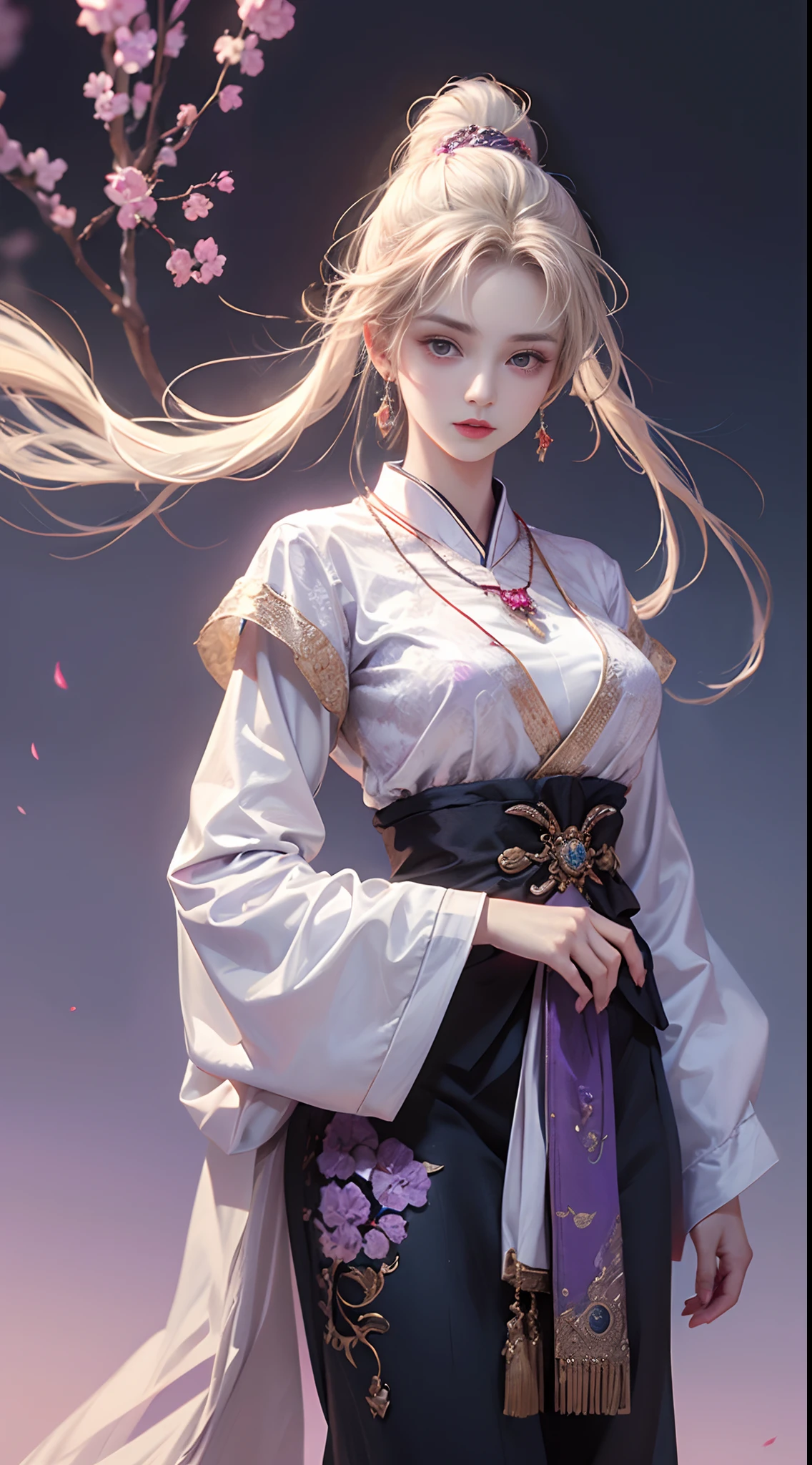 1 beautiful girl in Han costume, ((white thin purple silk shirt with a lot of texture)), white lace top, long purple platinum ponytail Hair, Jewelry, ear jewelry, necklaces and necklaces, carefully drawn big purple eyes, makeup careful, thin eyebrows, high nose, beautiful red lips, no smile, pursed lips, rosy cheeks, wide breasts, big breasts, proportional breasts, slim waist, purple fishnet socks, chinese hanfu style, fictional art texture, colorful bright and realistic, RAW Photo, Realistic Photo, ultra high quality 8k surreal photo, (effective fantasy light effect: 1.8), 10x pixels, magical effect (Background): 1.8), ultradetailed eyes, full body portrait of girl , Chinese royal background, dynamic pose