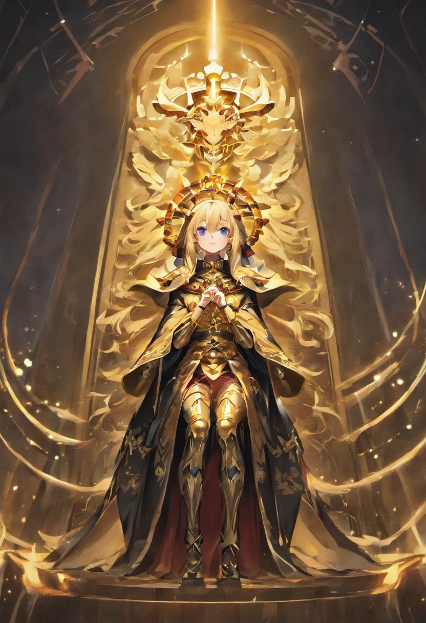 Under the starry sky, A huge illusory golden human skeleton,Wears a dark brown cloth cloak with a hood,Sit on a throne in an illusory starry sky, Golden flames burst out of its eyes,A gray hair、A tall pony-tailed boy with purple eyes on one side and golden eyes on the other, standing beneath the throne,Wearing black and gold robes,Double,quadratic element,A sense of contrast,