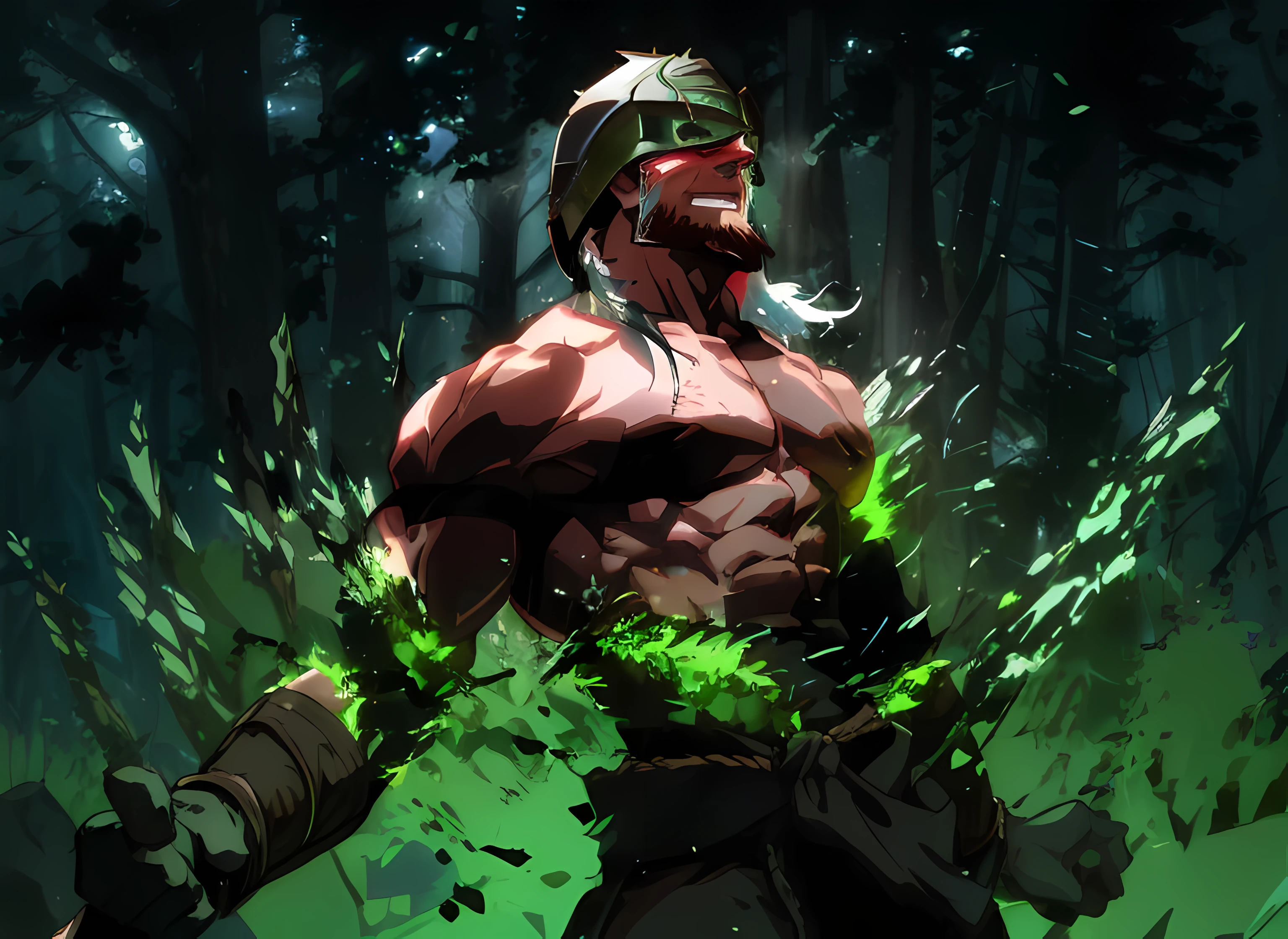 a man with a helmet covering eyes but showing mouth and beard, eyes glowing green, standing in the woods, yelling, berserker potrait, technoviking male with no shirt, druid warrior, splash art, male, muscular body, vibrant colors, diverse colors, sunlight, shades, detailed face and eyes, warrior body, among trees, lushy, (stones, stones covering body), ready to attack, warrior, bare chest, muscular, shouting, yelling, powering up, transforming, ultra instinct, supergiant, transforming into his final form, anime of a energy man