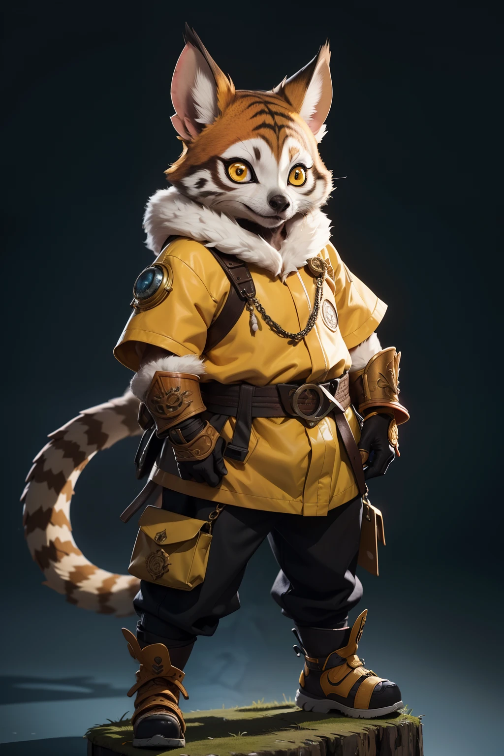 Tora by Katsuya Terada, hard disk, Manga, Show Avatar,Shaman lemur, Katsuya Terada STYLE, pokemon style, lemur, Yellow Eye, shaman, Snakeskin Armor, scales,lemur, Yellow eyes, Muppets, It features a simple, control, chubby, , Manga, Contrasty, Full Body Dynamic Posse, gear, goggles, hoods, by Katsuya Terada, clean, compact, It features a simple