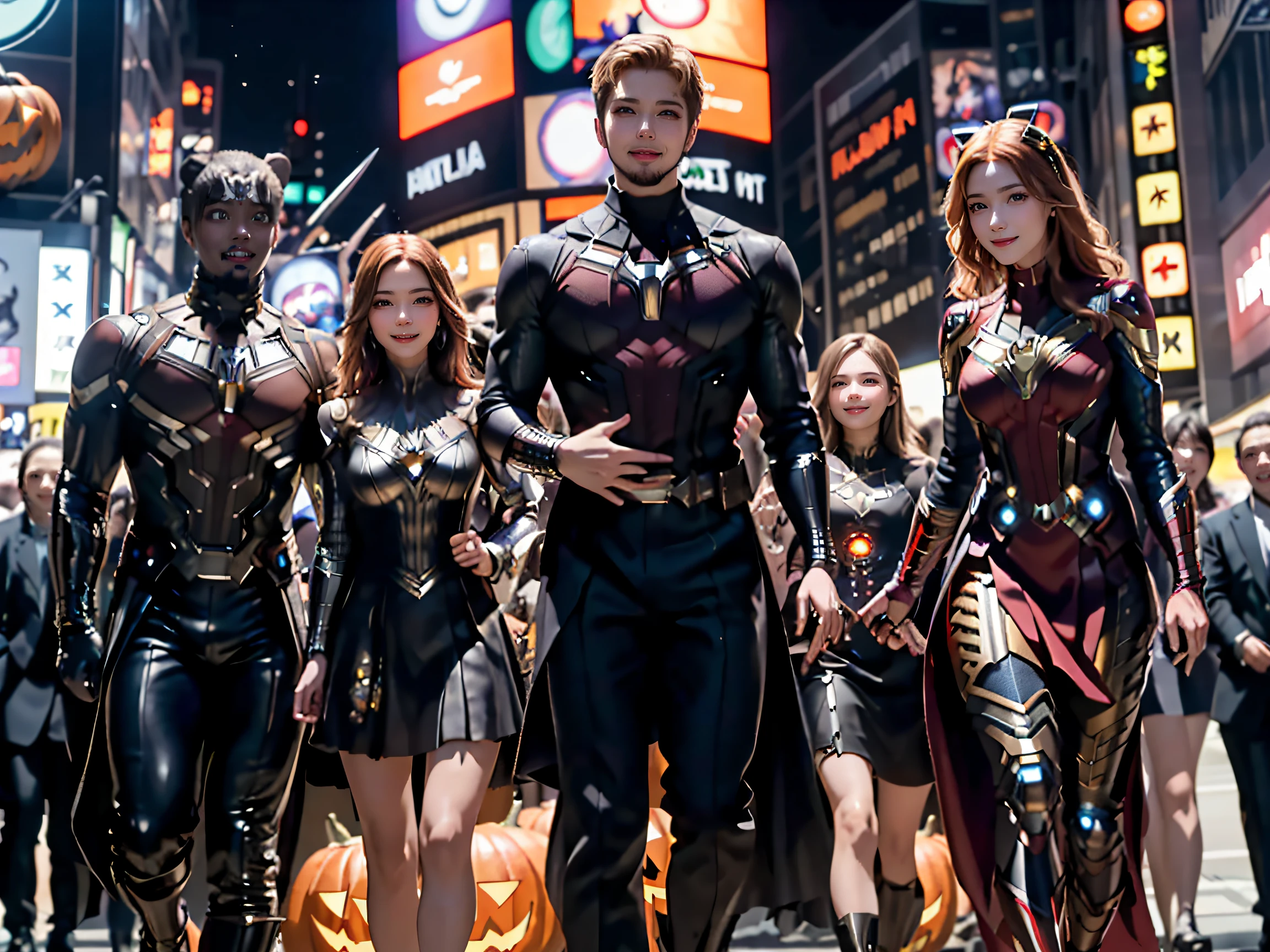 masterpiece, top-quality, top-quality, Beautifully Aesthetic:1.2, Halloween night, 
Ironman, Spider-Man, Captain America, Hulk, Wanda, Ant-Man, Black Panther, Thor, Black Widow, Doctor Strange, Star-Lord, Rocket (Raccoon), Groot, Vision, Hawkeye,
BREAK 
((The Avengers are in full force:1.2)), 
((Walking At the middle of very crowded Shibuya Scramble Crossing decorated with Halloween decorations at late night:1.2)), (Full body shot:1.1), (From below:1.3),