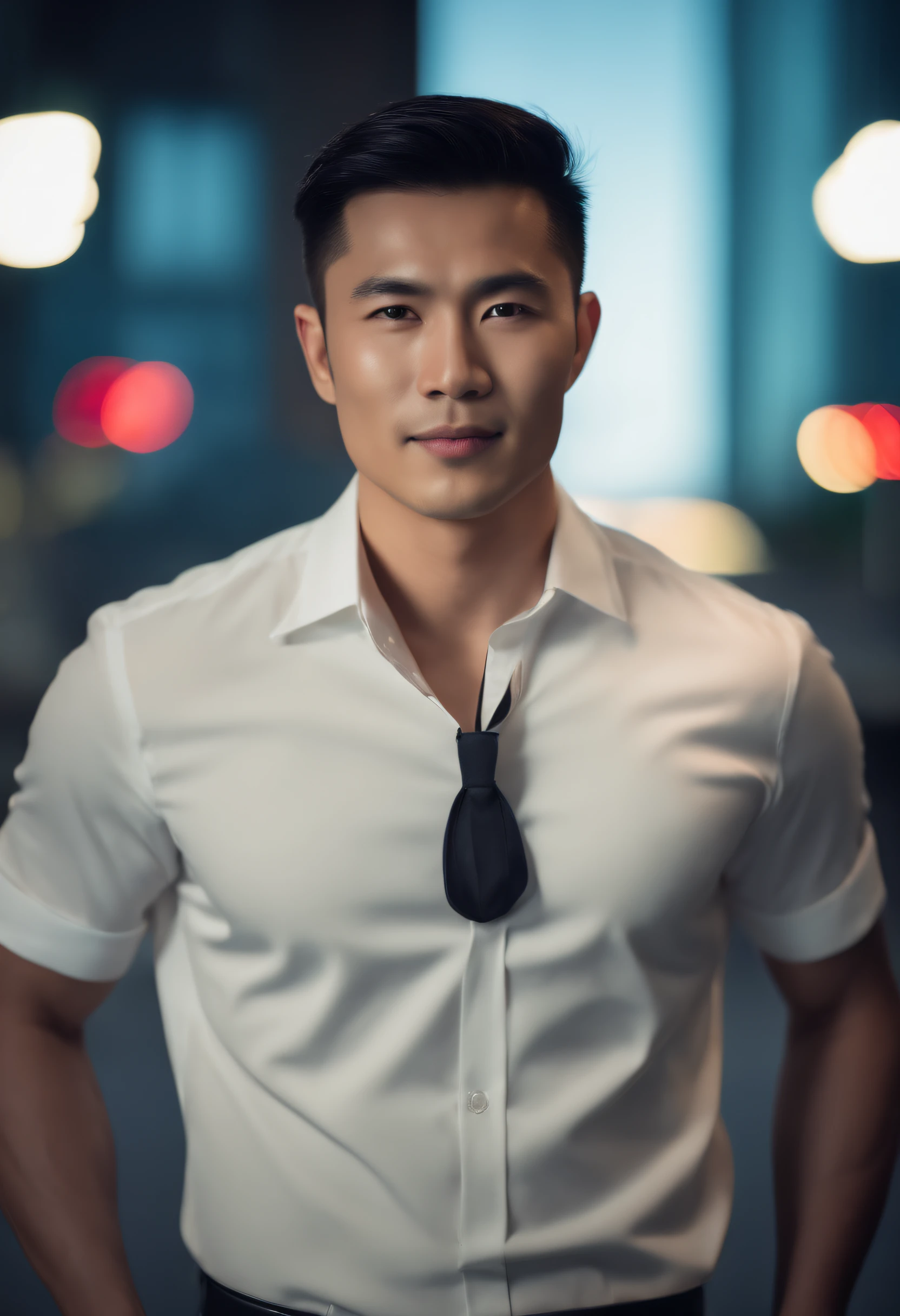 Asian Man 30yo , Fading dark dark short hair, Security guard, Expressing confidence,Sharp jaw,bright skin,Smiles,handsome face,standing pose,Backdrop of high-rise buildings,Professional Studio Lighting,Realistic,Ferrari, photorealistic portrait:1.37,portraits,vibrant colours,Cool tones,gentle lighting