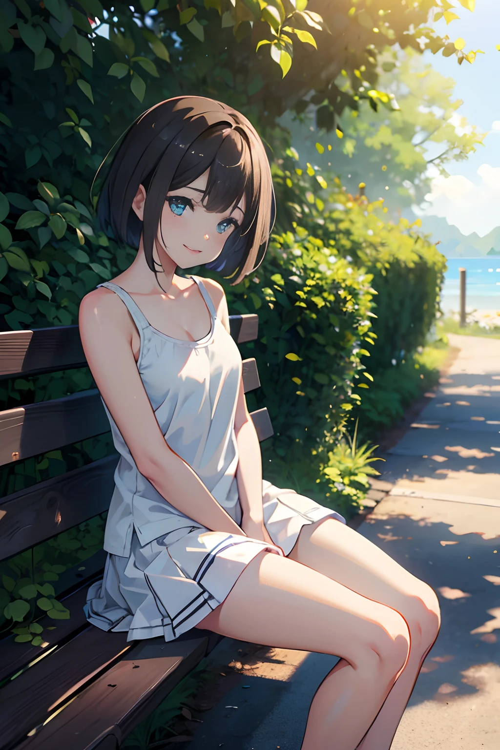 (10, top-quality, masterpiece: 1.2), ultra-detail, bestquality, ultra-high resolution, Professional lighting, photons mapping, radiosity, Physically Based Rendering, Cinematic lighting, Depth of Field, Focus, sunrays, good composition, (bokeh: 1.2), 1 girl, (Full body), smile, beautidul eyes, Pose, brunette hair, Short Hair Hair, seashore, skirts, Tank Top, Sit on a bench,open legs,white panties,Good legs, bird chirping, satisfying environment