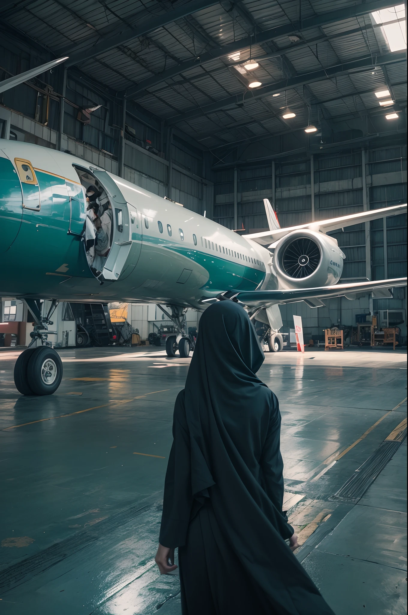 young female malay mechanic in hijab, walking towards air plane in hall, filmed from the back, looking back at viewer, cinematic, sony 50mm 4.8, cinematic, hyperrealistic, 4K, cool-toned color grading, depth of field, film noir,