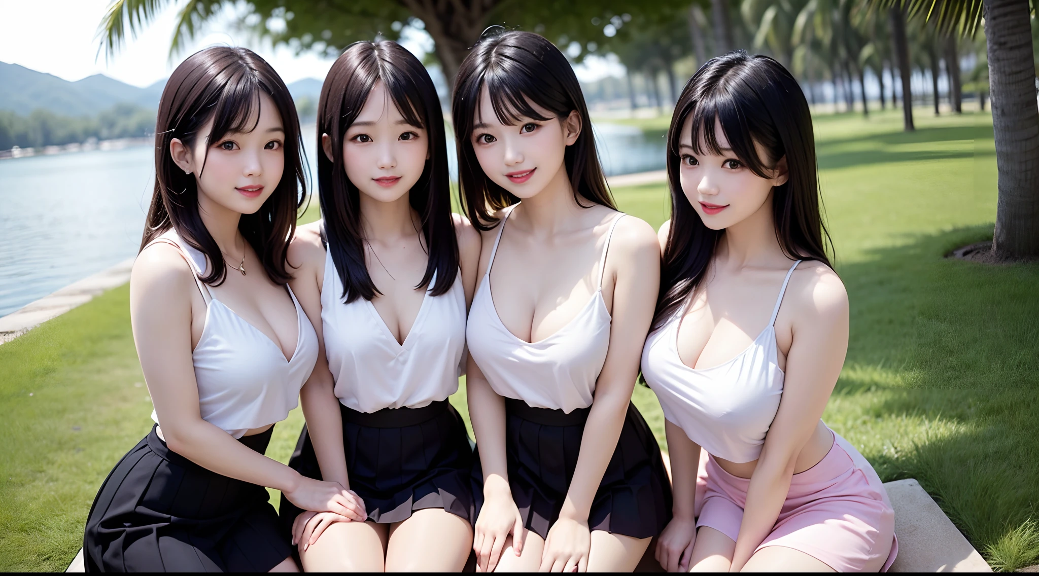 ( 4 Girls),smile、Look into the camera、diamond necklace、braided hair,  Wear a jeans skirt.( Naked, perky breasts, bare breasts, nipples.  (((round chestๆ)))revealing upper arms、Extra long twin tail feathers、Flower Hair Ornaments、 Masterpiece, Highest quality, 8ก, beautiful girl, young face、 photography, Cute face, thigh,(Sitting in a lotus pond),、รอยsmile、small waist, blue eyes(((The chest is erect...)))(((round chest)))(((big breasts:1.1)))