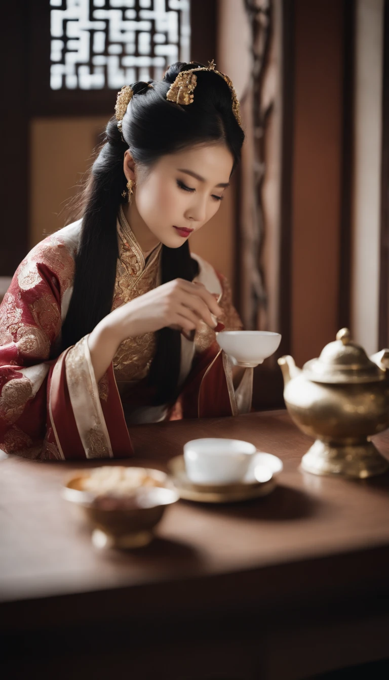 Close-up of a woman sitting at a table with a cup of coffee., royal palace ， a girl in hanfu, a young woman as genghis khan, beautiful oriental woman, Chinese Woman, ChineseGirl, chinese princess, asian women, a young asian woman, Ancient Chinese Princess, asian women, Wear traditional Chinese clothing, traditional beauty, young asian girl
