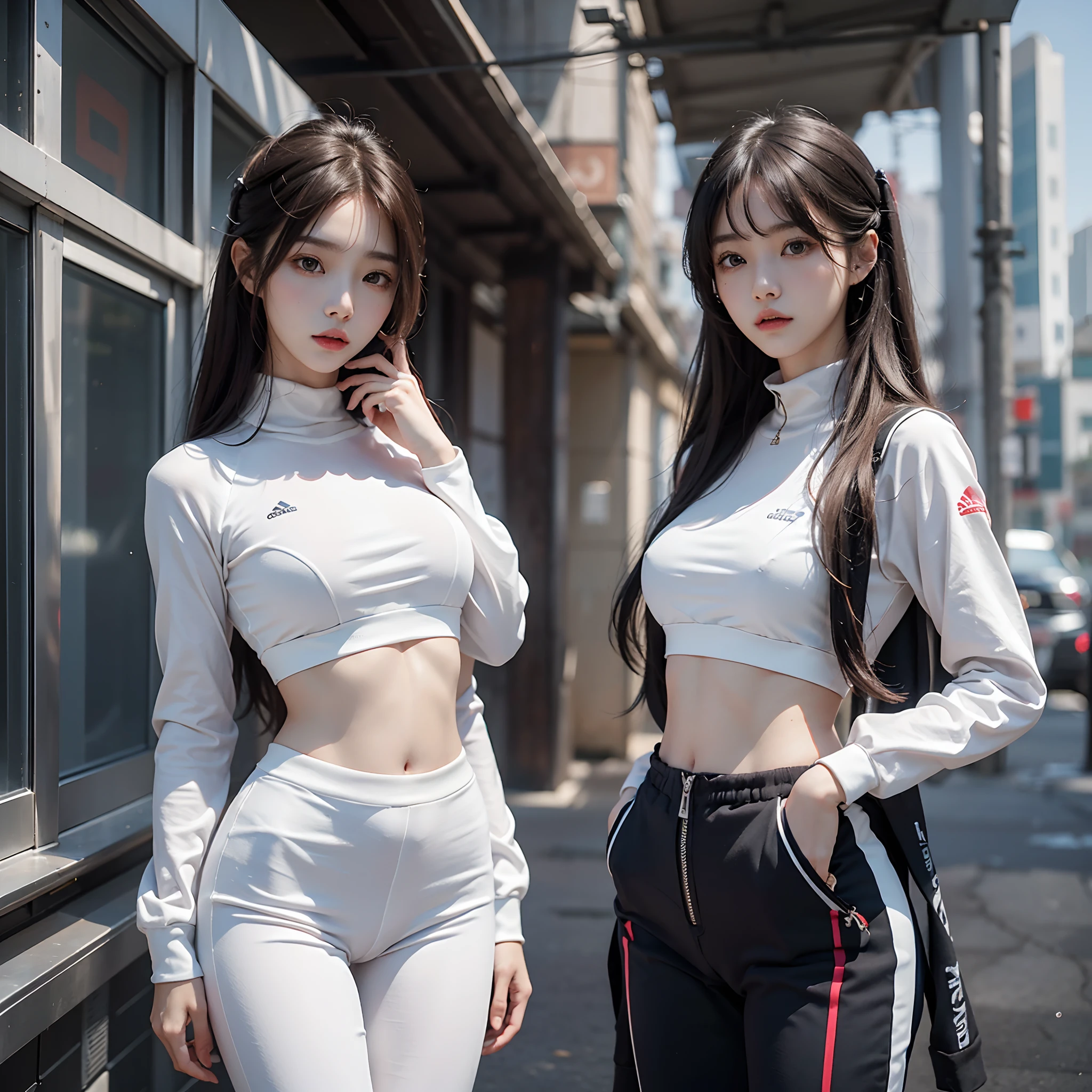 Best Quality, 超A high resolution, (Photorealistic:1.4), 1girl in, Loose oversized black jacket, White Sports Bra, (yoga pant:1), (light brown hair:1.2), l Looking at the viewer, Smiling, Fat Body, A city scape, urbane, makeup, Wide Angle