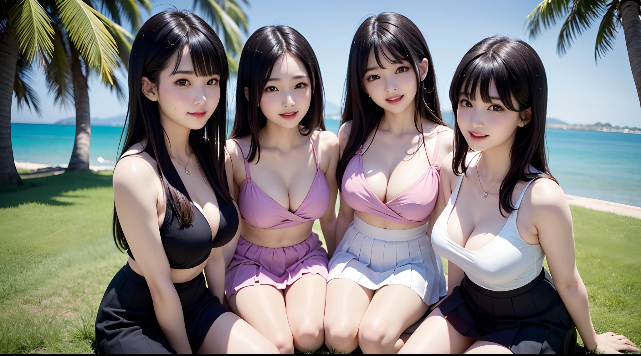 (3 female students), bright smiles, beautiful mouths and pink lips, (bare shoulders), big breasts, pleated skirt, long black hair, bangs, sitting on the grass by the clear blue lake, under a shady coconut tree ( Best quality, Super detailed), (Heavenly starlight), (Wrapped in light), (Beautiful and mysterious),