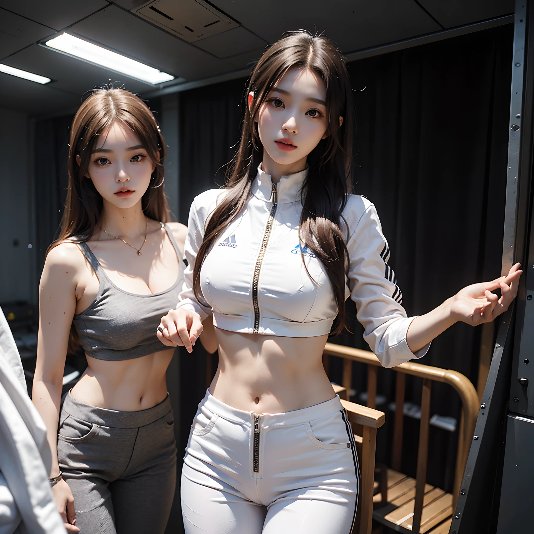 (UHD),ultra realisic, Perfect Body, 韓国アイドル, 18 years-old, beautiful a girl, (realistic face), (Realistic skin)Two women standing side by side, Huang Yuxing(Huang Yuxing)(Huang Yuxing(Huang Yuxing))Aya Takano(Aya Takano), Two-piece tracksuit, All White, Two skinny figures, The same body, Cute Girls, Feminine slender body, White clothes, gargle, White Adidas Pants, Jin Yiwei, thin-waist, Beautiful Sci-Fi - Pi Twins, 2 Angels, smooth white tight clothes suit, white outfit