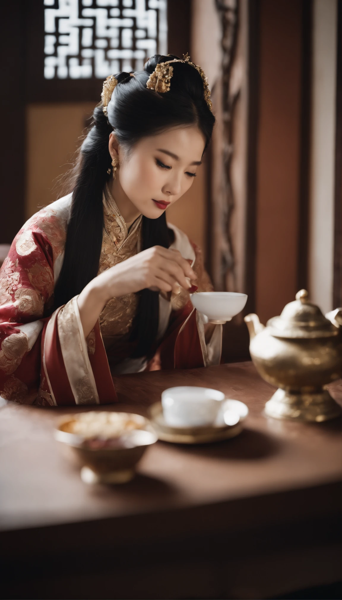 Close-up of a woman sitting at a table with a cup of coffee., royal palace , a girl in hanfu, a young woman as genghis khan, beautiful oriental woman, Chinese Woman, ChineseGirl, chinese princess, asian women, a young asian woman, Ancient Chinese Princess, asian women, Wear traditional Chinese clothing, traditional beauty, young asian girl