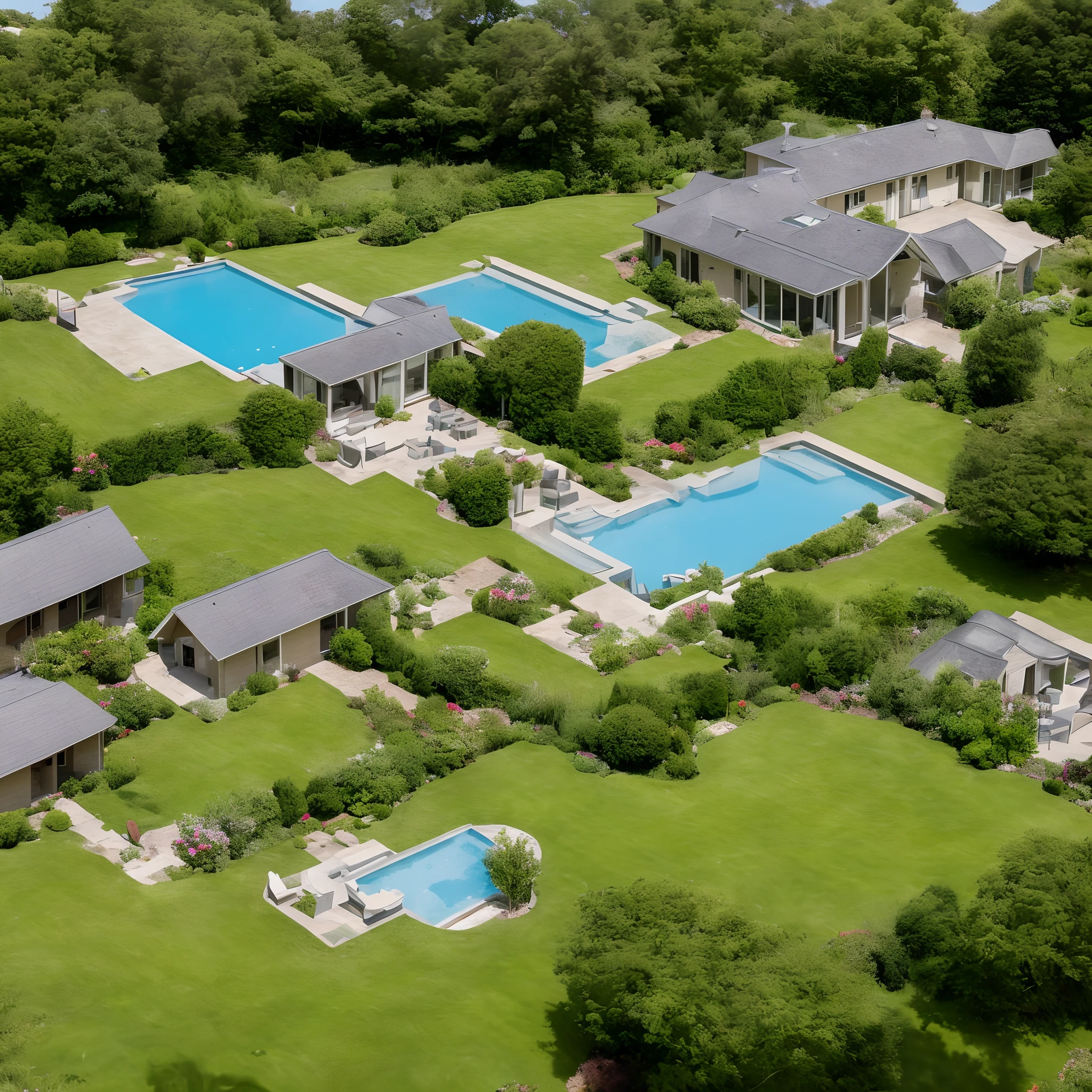 Rural bungalow building three-storey garage landscape courtyard swimming pool pond running water lawn moss