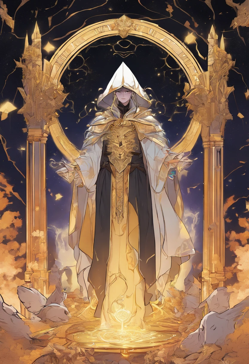 Double,Beneath the starry sky, a huge illusory golden human skeleton,Wears a dark brown cloth cloak with a hood,Sit on a throne in an illusory starry sky, Golden flames burst out from its eyes,A white-haired boy with a high ponytail,Purple eyes on one side,On the other side are golden eyes, Stand under the throne,Dressed in black and gold robes