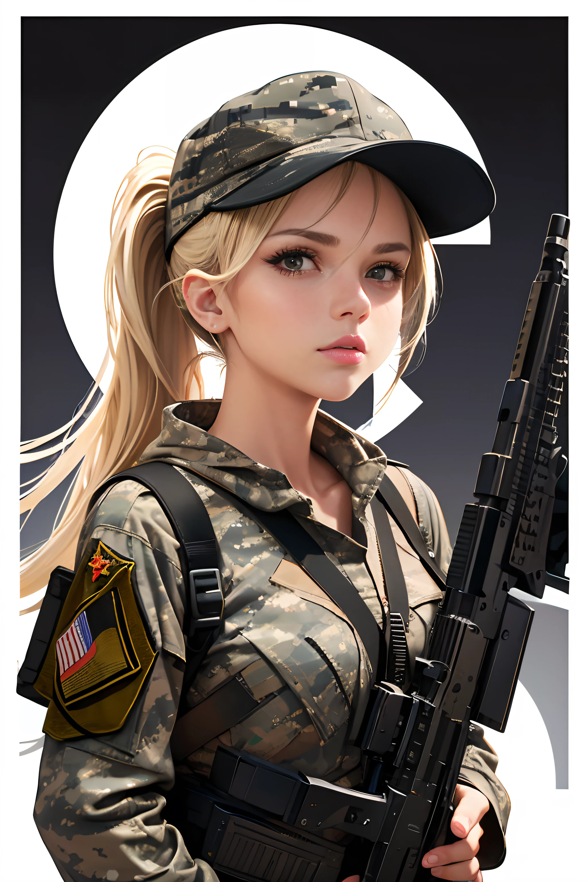 New York City, 7 pm, Center, blond hair ponytail Actress Jessica Alba, ((desert camo military outfit)), baseball cap on head, holding a machine gun, black background, highly detailed clean, vector image, photorealistic masterpiece, professional photography, simple sunrise backdrop, flat white background, isometric, vibrant vector ((white background))