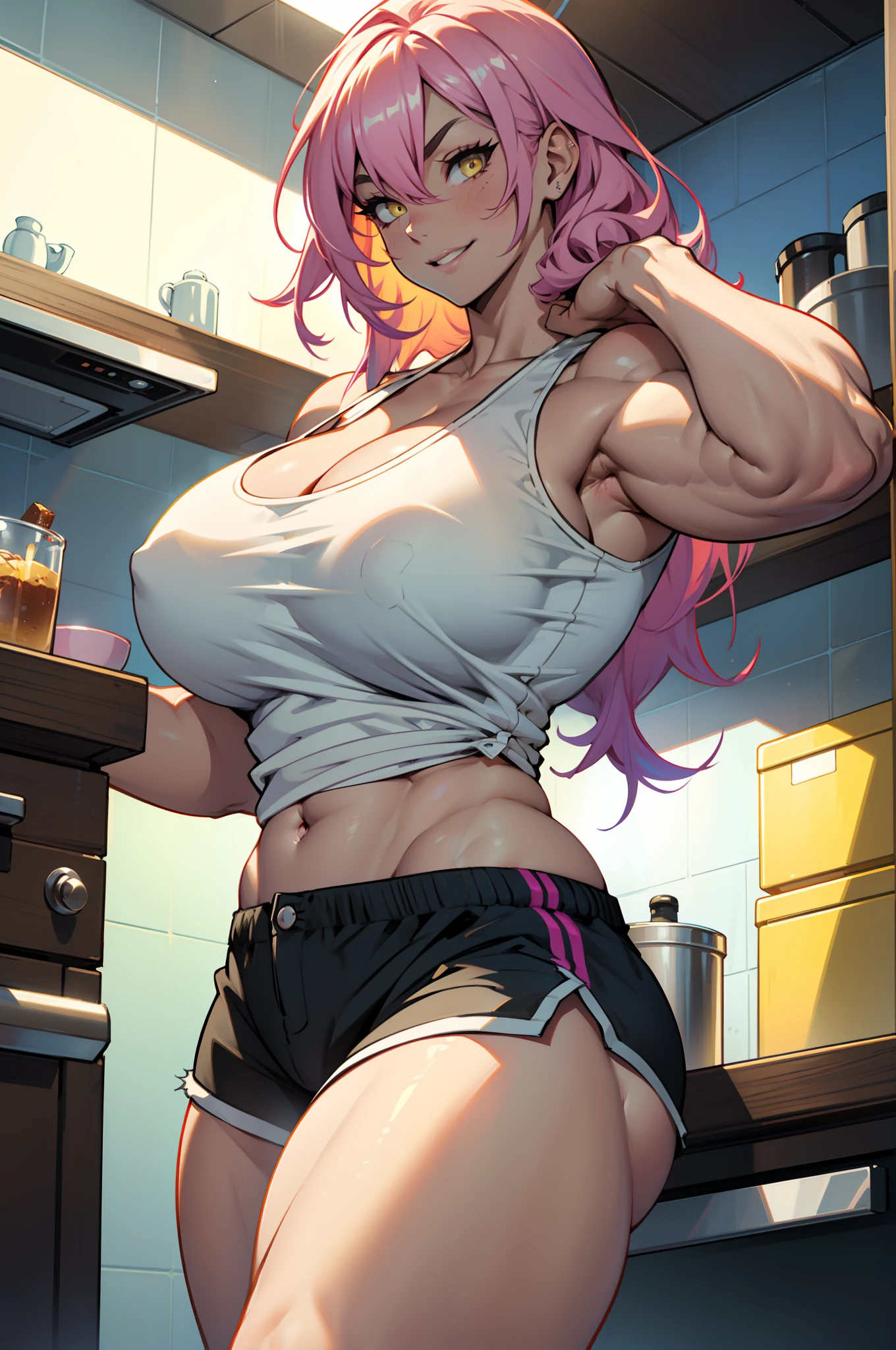 Perfect CG unity 8K UHD wallpaper( girl huge gigantic breasts cleavage showing bodybuilder very muscular very toned body, pale skin, long rainbow colored hair, vibrant glowing yellow eyes, long detailed eyelashes) smiling sexy seductive facial expression, blushing, thick thighs, standing in a dynamic pose, view from below, wearing tank top and shorts, in her kitchen, perfect masterpiece, best quality, best resolution