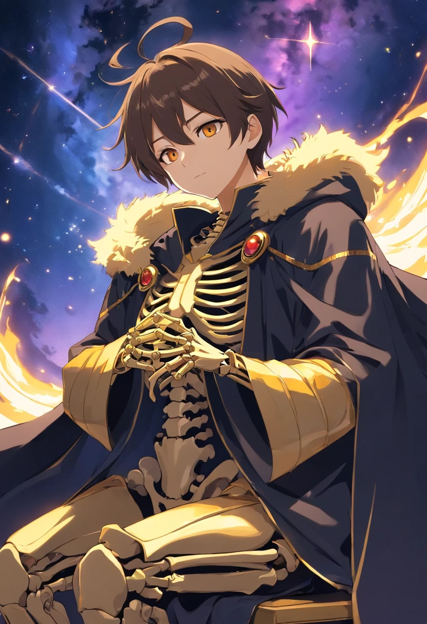 Double,Under the stars, A huge illusory golden human skeleton,Wears a dark brown cloth cloak with a hood,Sit on a throne in an illusory starry sky, Golden flames burst out from its eyes,A white-haired boy with a high ponytail,There are purple eyes on one side,On the other side are golden eyes, Stand under the throne,Dressed in black and gold robes