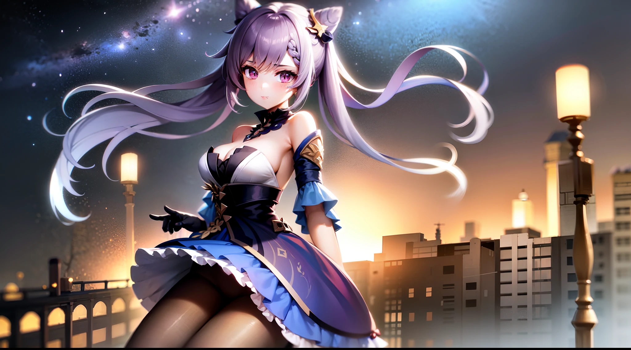 1girll, exteriors, in a panoramic view, Stand, Face the lens, fully body photo, kosmos, solar system, sci-fy, Big scene, cat ear, Purple colored hair, Palatial palace, Skysky, baiyun, villages, close-up, sparkle, anime,SFW,high qulity,(Masterpiece:1,2),Best quality,Masterpiece,A high resolution,Original,extremelydetailedwallpaper,Perfect lighting,(Extremely detailed CG:1.2),