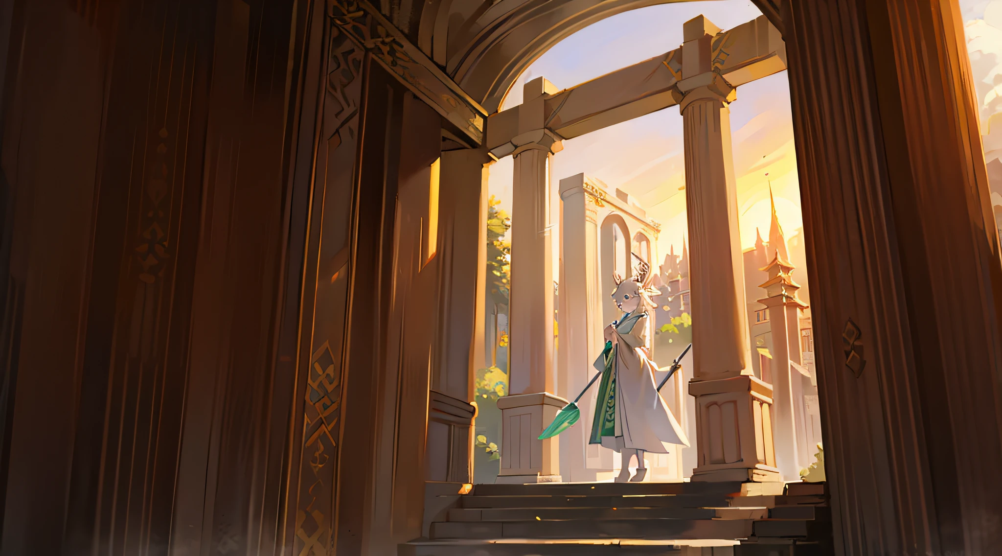 A white deer，White robe，Green pattern，temple，stairways，Holding an umbrella，the setting sun