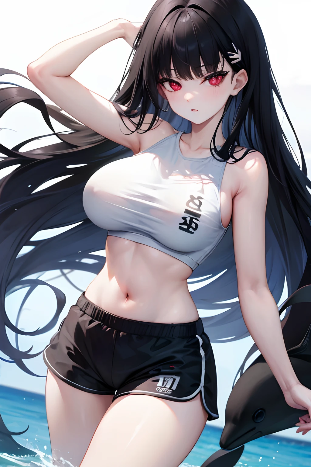 rio, blue archive, black hair, very long hair, red eyes, large breast, tank top, stomach, navel, running dolphin shorts,