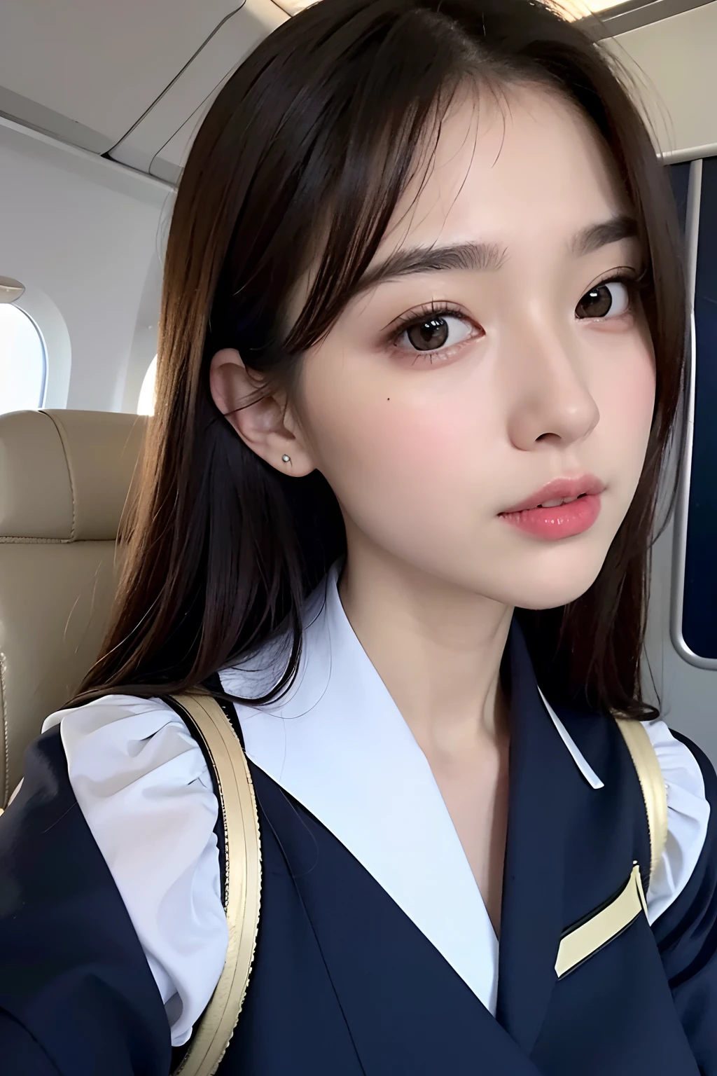 1womanl, 20yr old、hyperdetailed face、Detailed lips、A detailed eye、二重まぶた、(Brown bob hair、Like an airplane stewardess々Do a good job)、(Stewardess uniform:1.2)、(Glamorous body)、(Colossal tits)、smil、thighs thighs thighs thighs, Perfect fit, Perfect image realism, Background with: (Business Class aisle on airplanes:1.2), Cowboy Shot, Meticulous background with, detailed costume, Perfect litthing、Hyper-Realism、(Photorealsitic:1.4)、8K maximum resolution, (masterpiece), ighly detailed, Professional