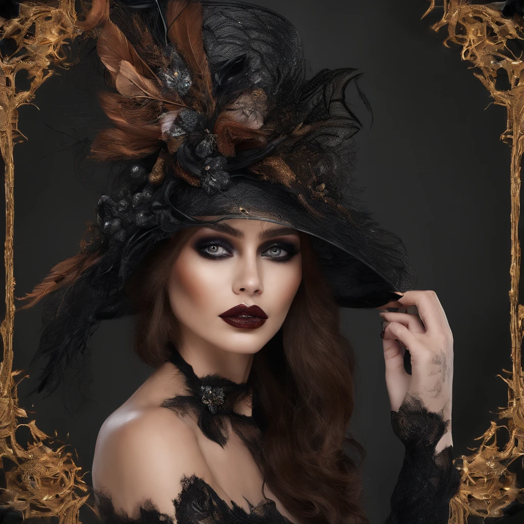A Halloween-themed hat,The detailed hat is extravagant,opulent,,carefully designed,Richly decorated,extravagant,Halloween colors,Gorgeous material,Dark,Spooky atmosphere,(On the model),(In the boutique),hauntingly beautiful,Meticulously crafted,(luxury brand),Impressive craftsmanship,vibrant hues,elegant,Eye-catching,Decorated with skulls and spiders,sparkling gemstones,feather-adorned,Gold accents,Lace trim,Velvet fabric,Sparkling sequins,Dramatic,Unique,Personalized pieces,magical,Enchanted,Halloween spirit,big breasts enchanting,Spectacular,It's dizzying,attention-grabbing,Artistic,Holiday touch,Strong presence.(Best quality,Realistic,Halloween:1.2),